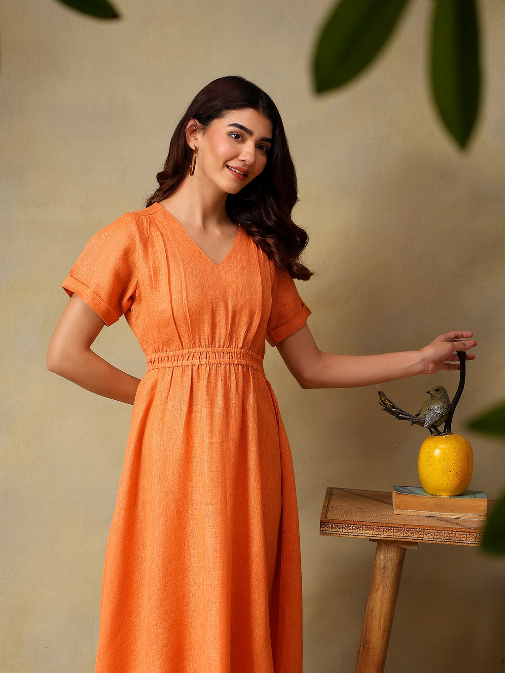 Women Solid Coral A-Line Midi Casual Summer Dress