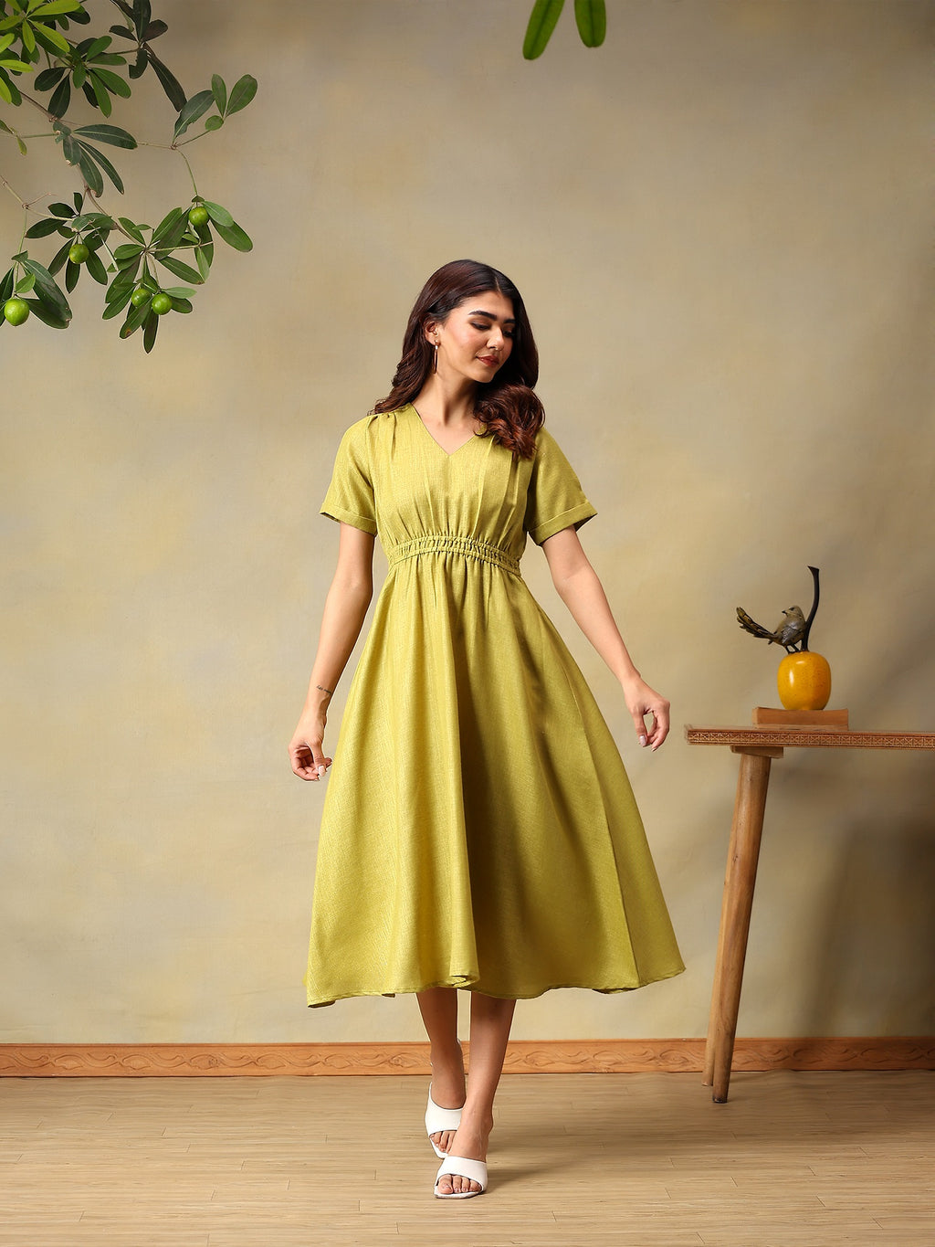 Women Solid Green A-Line Midi Casual Summer Dress