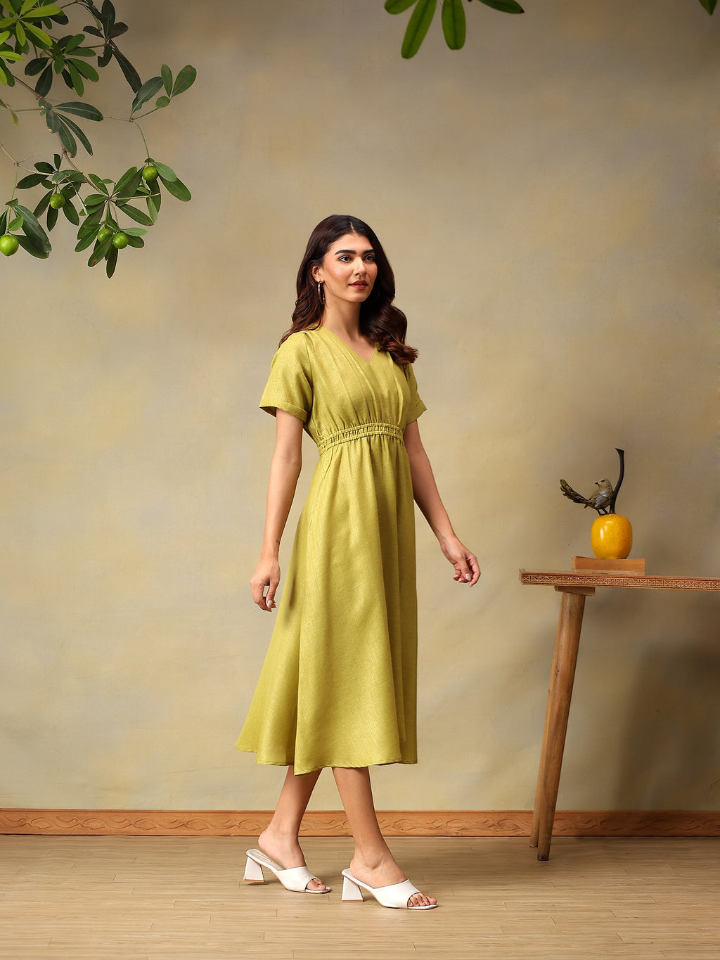 Women Solid Green A-Line Midi Casual Summer Dress