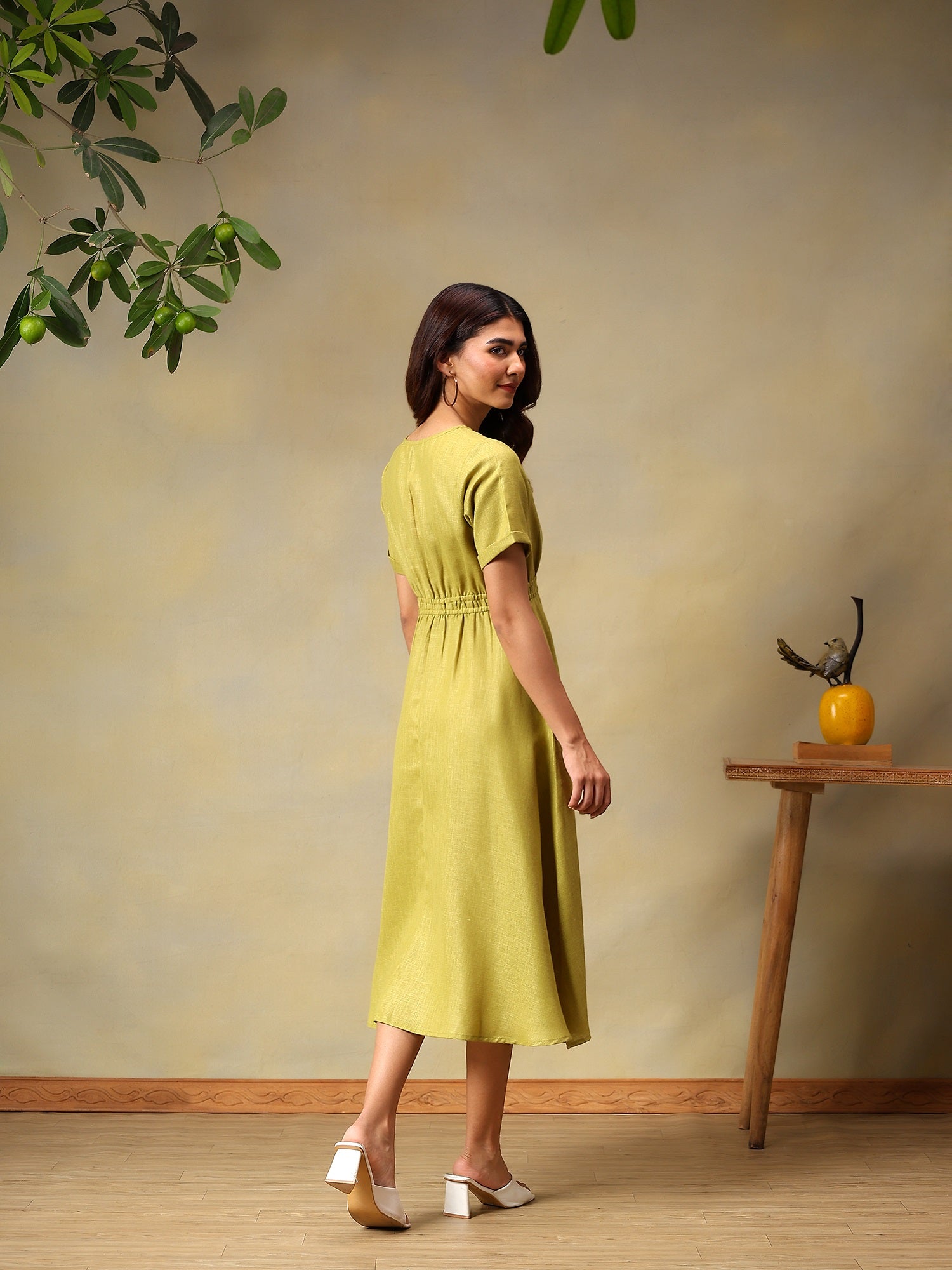 Women Solid Green A-Line Midi Casual Summer Dress