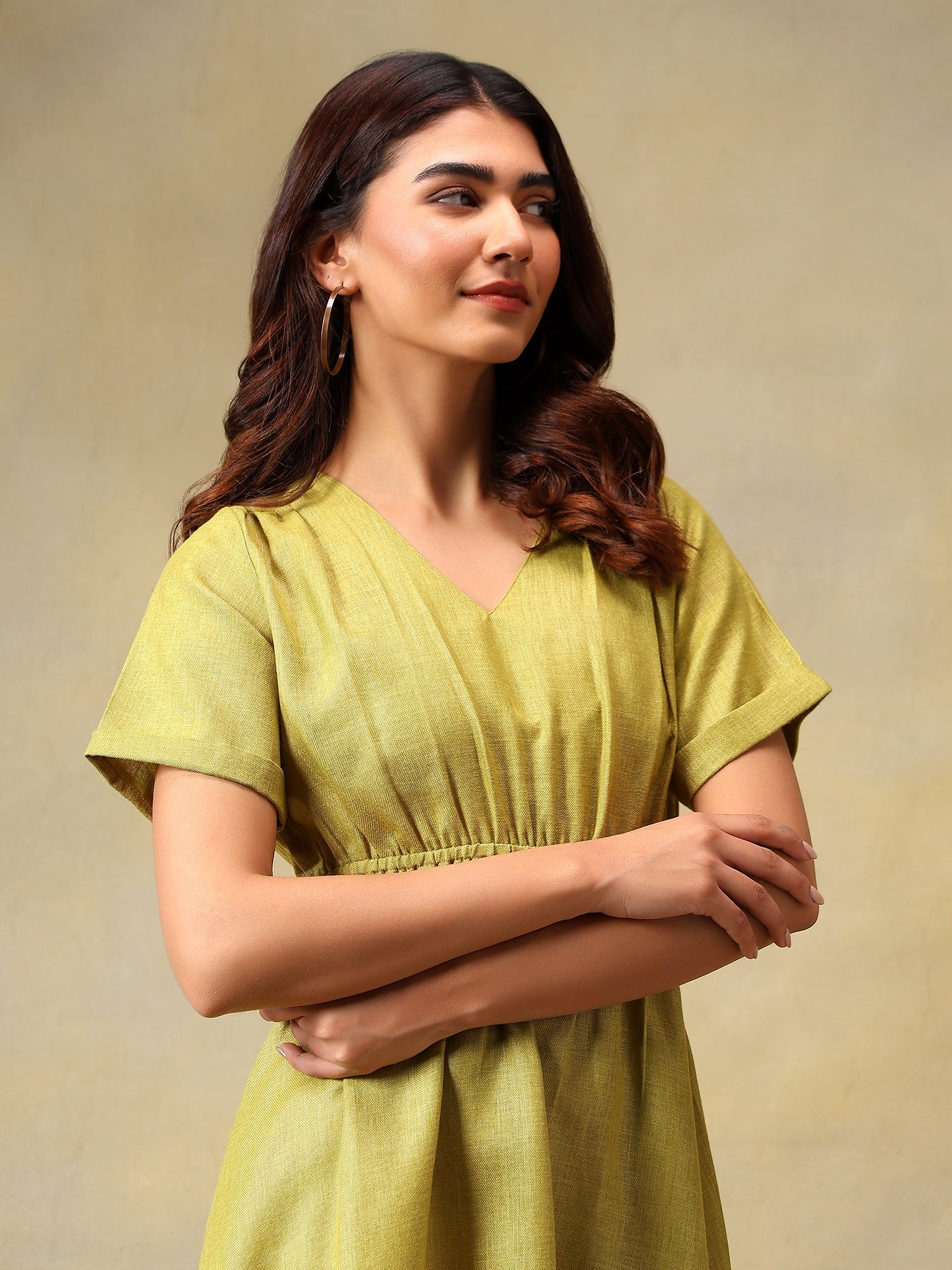 Women Solid Green A-Line Midi Casual Summer Dress