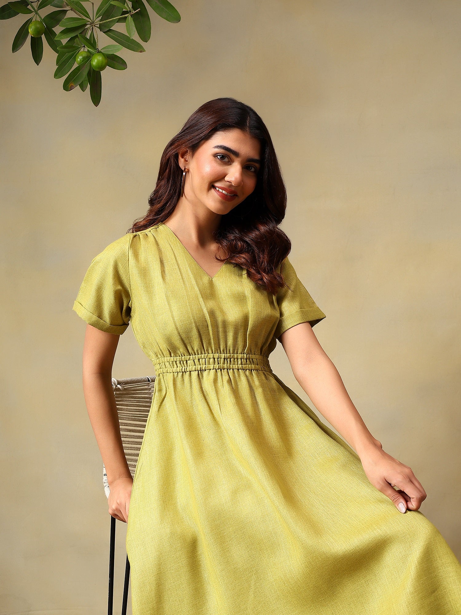 Women Solid Green A-Line Midi Casual Summer Dress