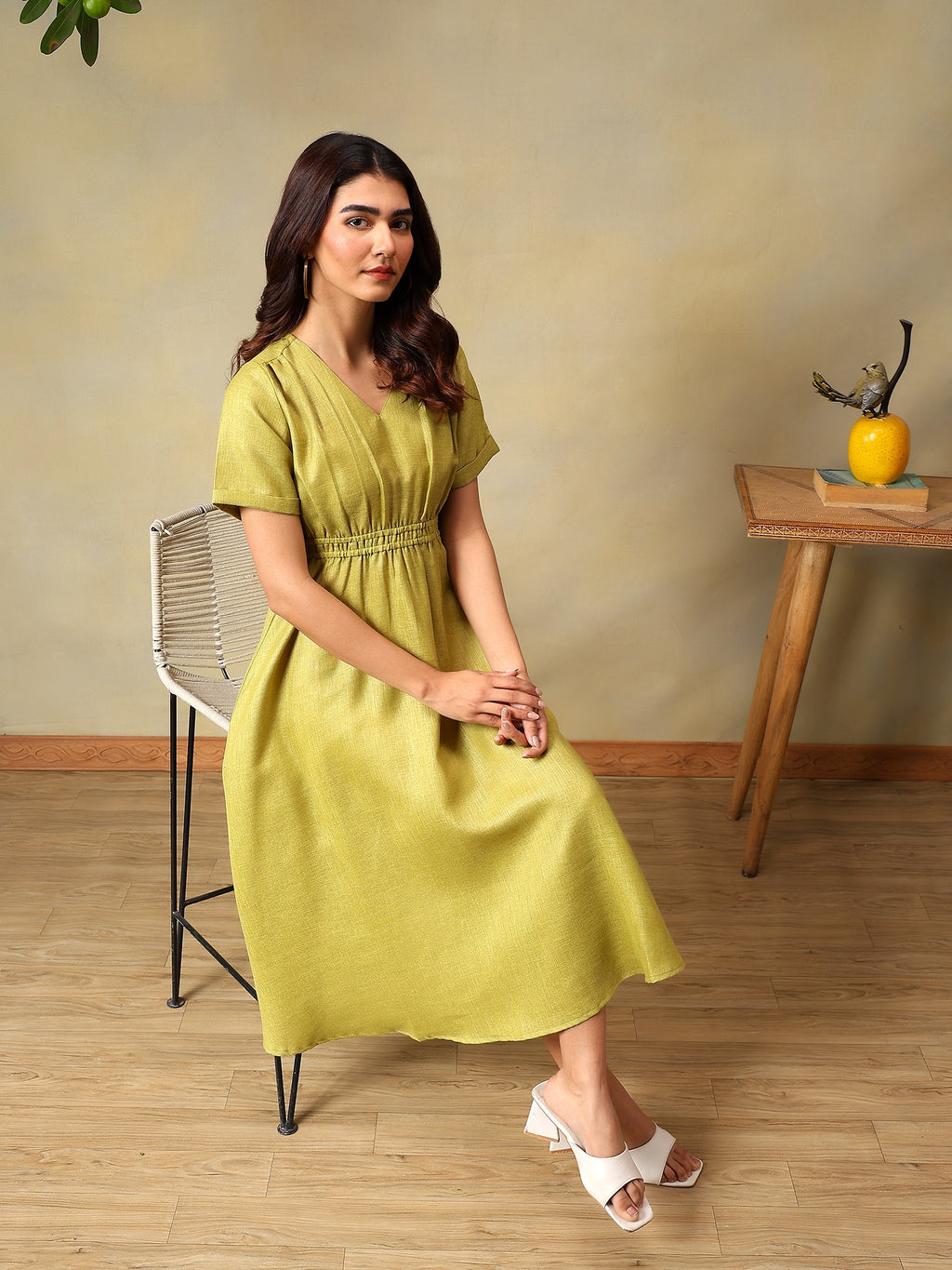 Women Solid Green A-Line Midi Casual Summer Dress