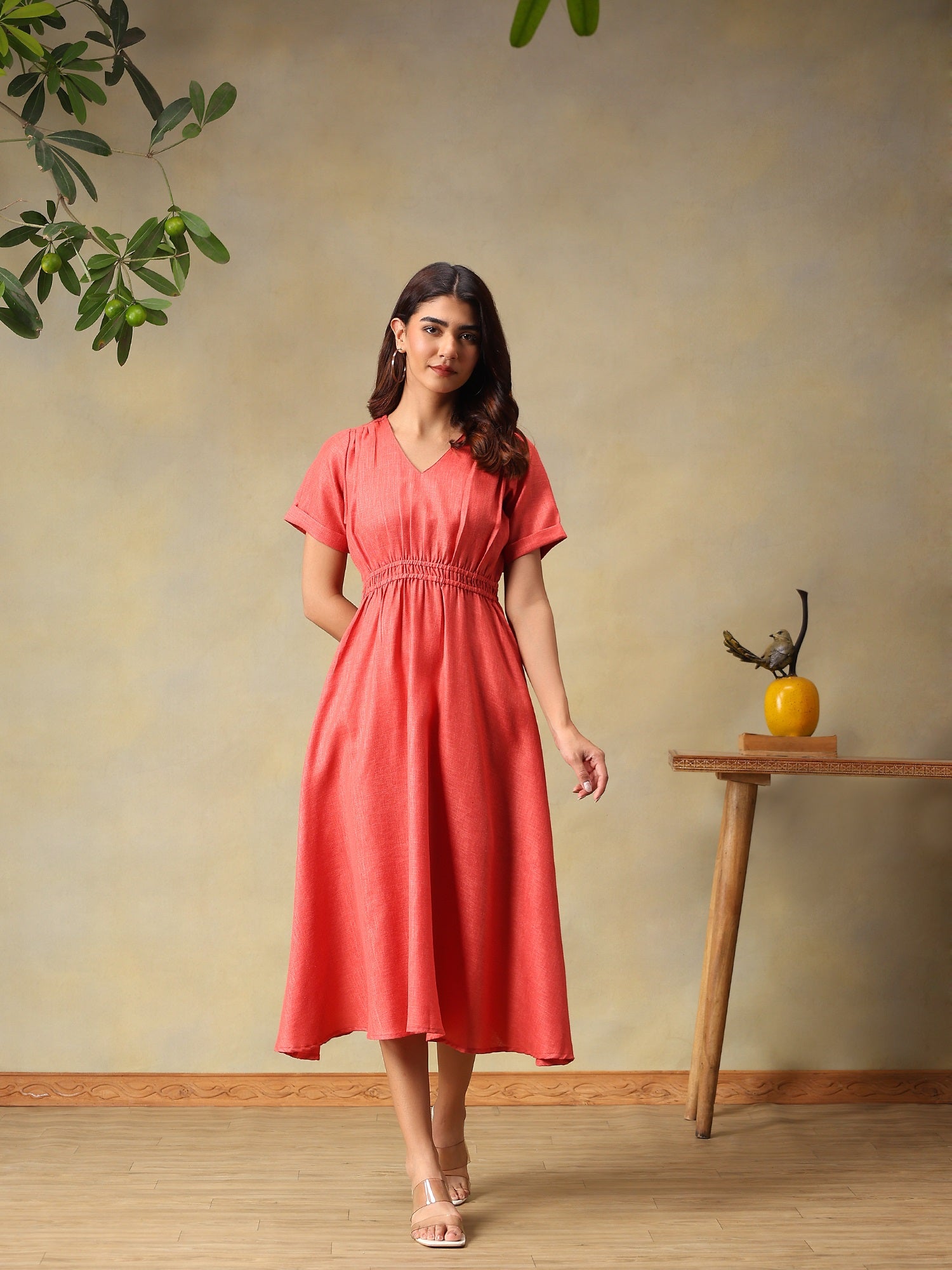 Women Solid Rose A-Line Midi Casual Summer Dress