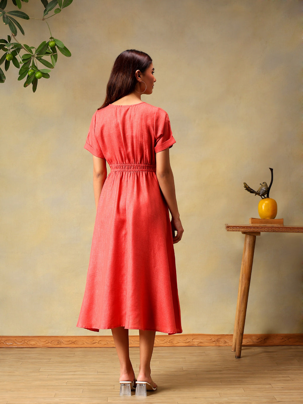 Women Solid Rose A-Line Midi Casual Summer Dress