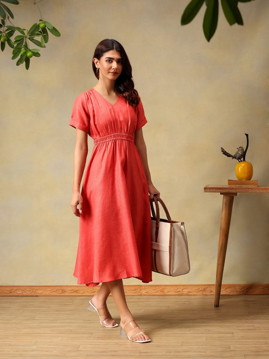 Women Solid Rose A-Line Midi Casual Summer Dress