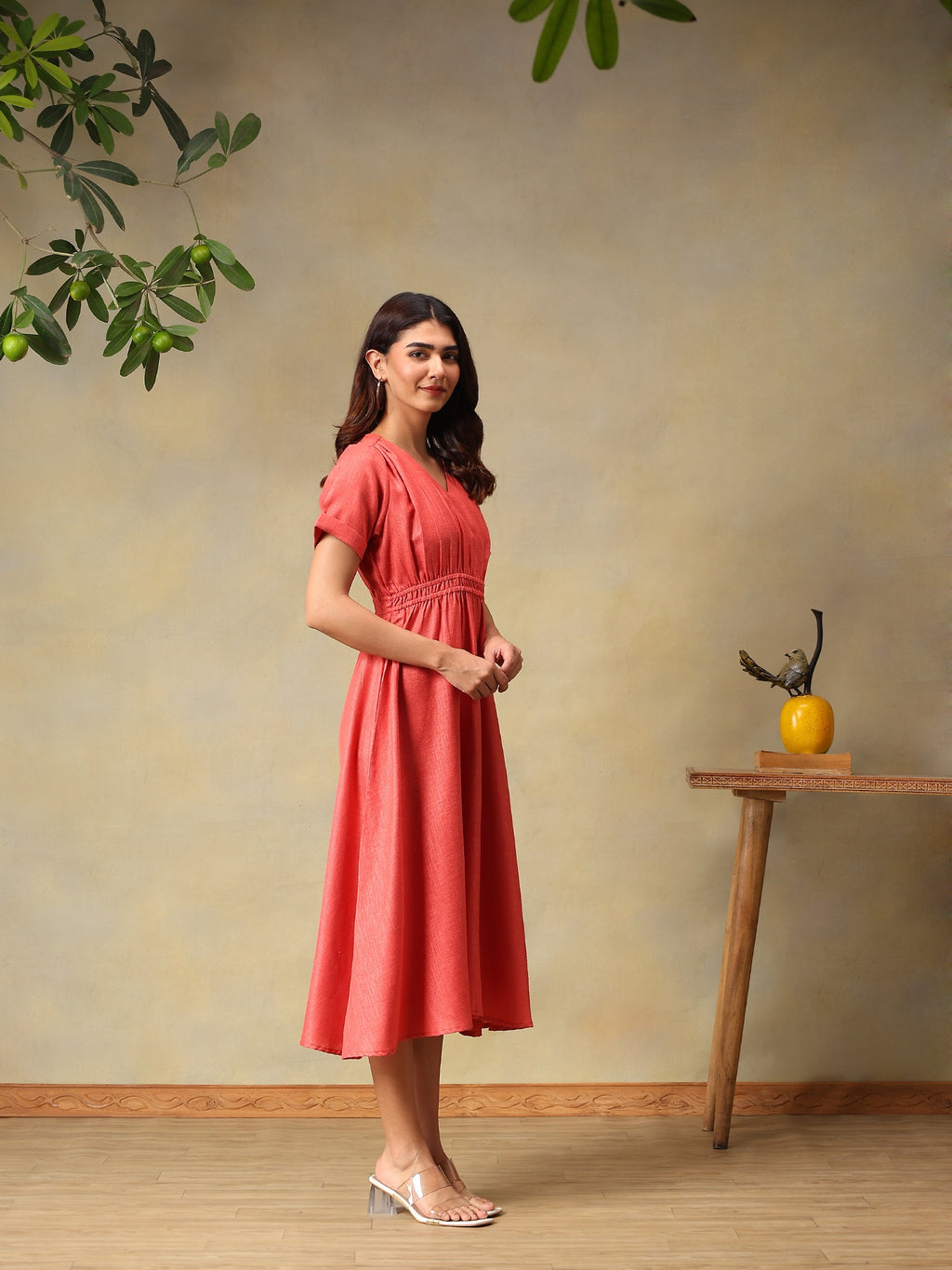 Women Solid Rose A-Line Midi Casual Summer Dress