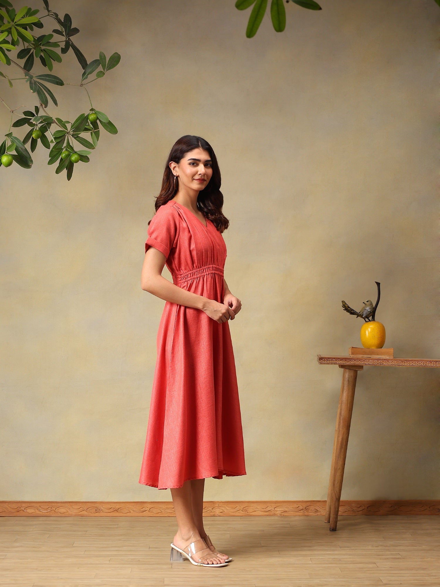 Women Solid Rose A-Line Midi Casual Summer Dress