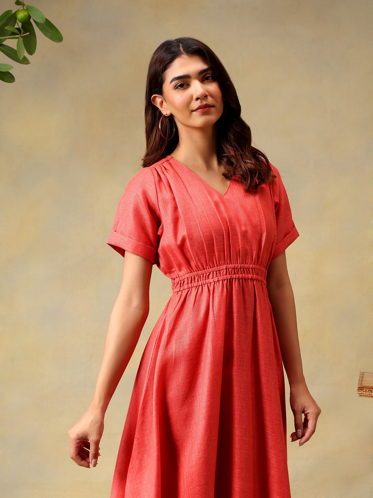 Women Solid Rose A-Line Midi Casual Summer Dress