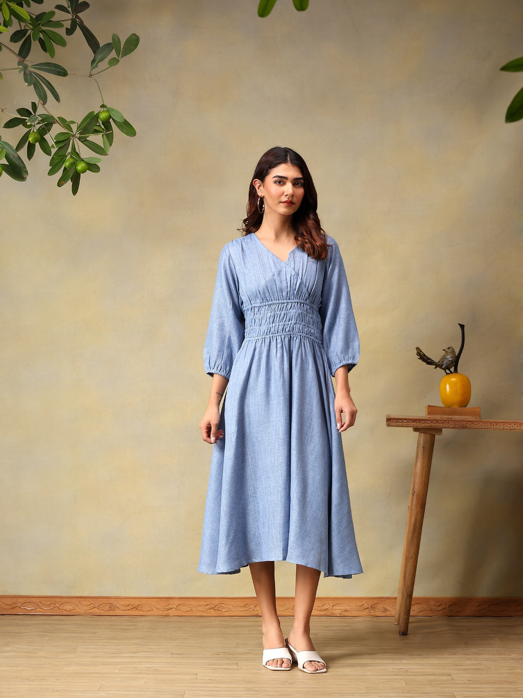 Women’s Puff Sleeve Midi Smocked Casual Summer Dress Blue