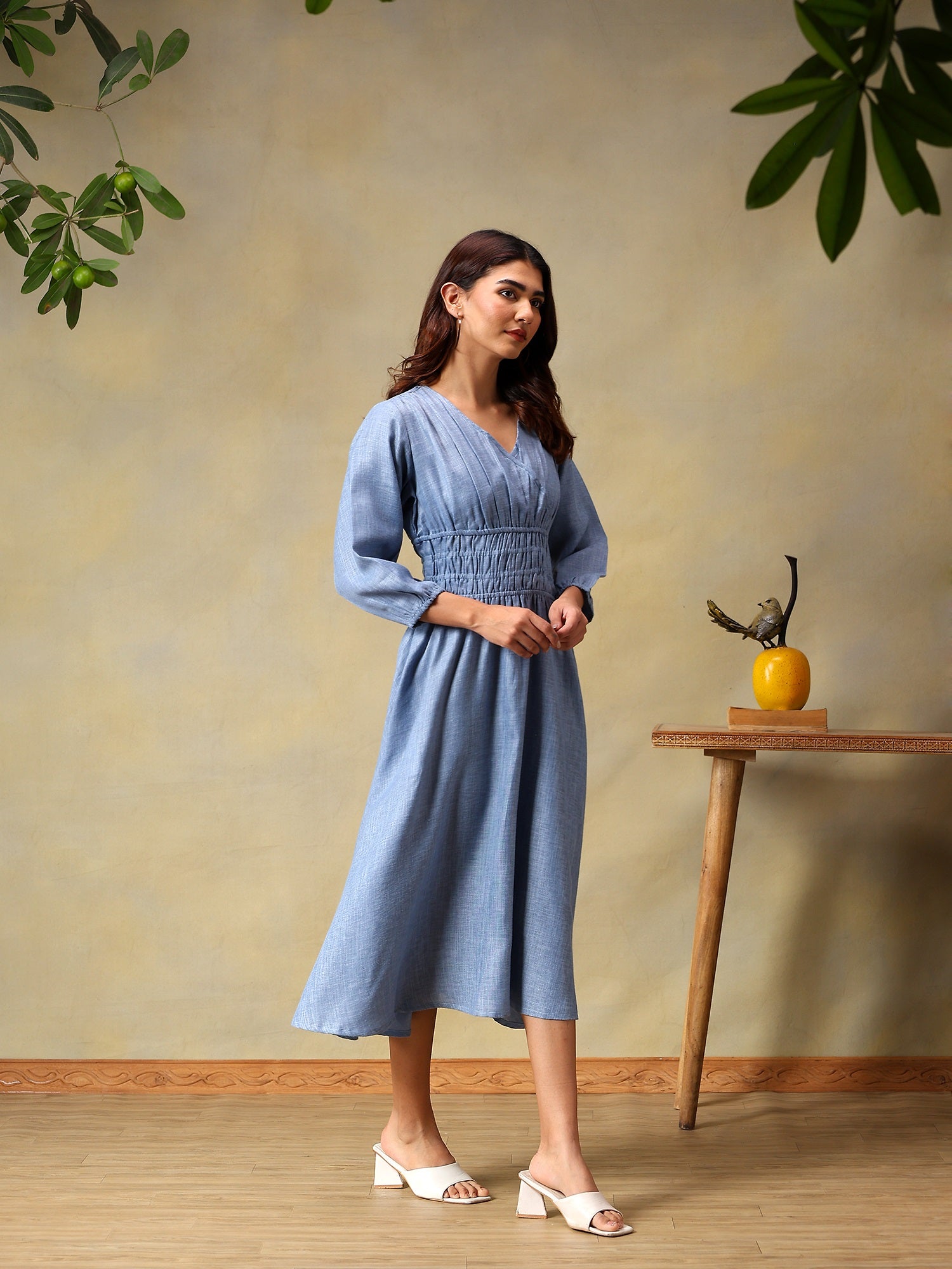 Women’s Puff Sleeve Midi Smocked Casual Summer Dress Blue