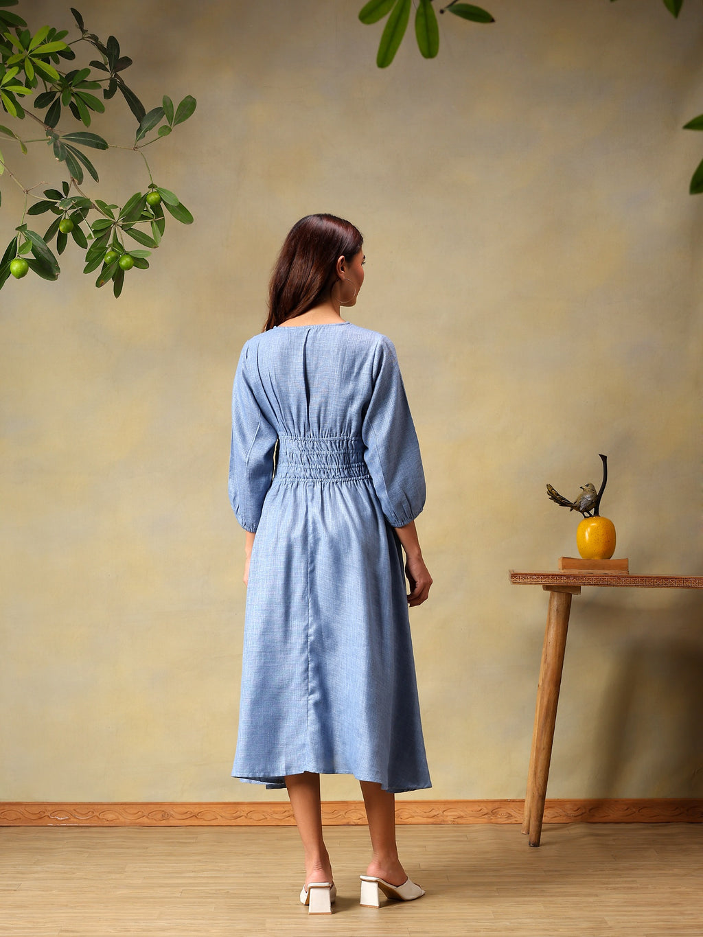 Women’s Puff Sleeve Midi Smocked Casual Summer Dress Blue