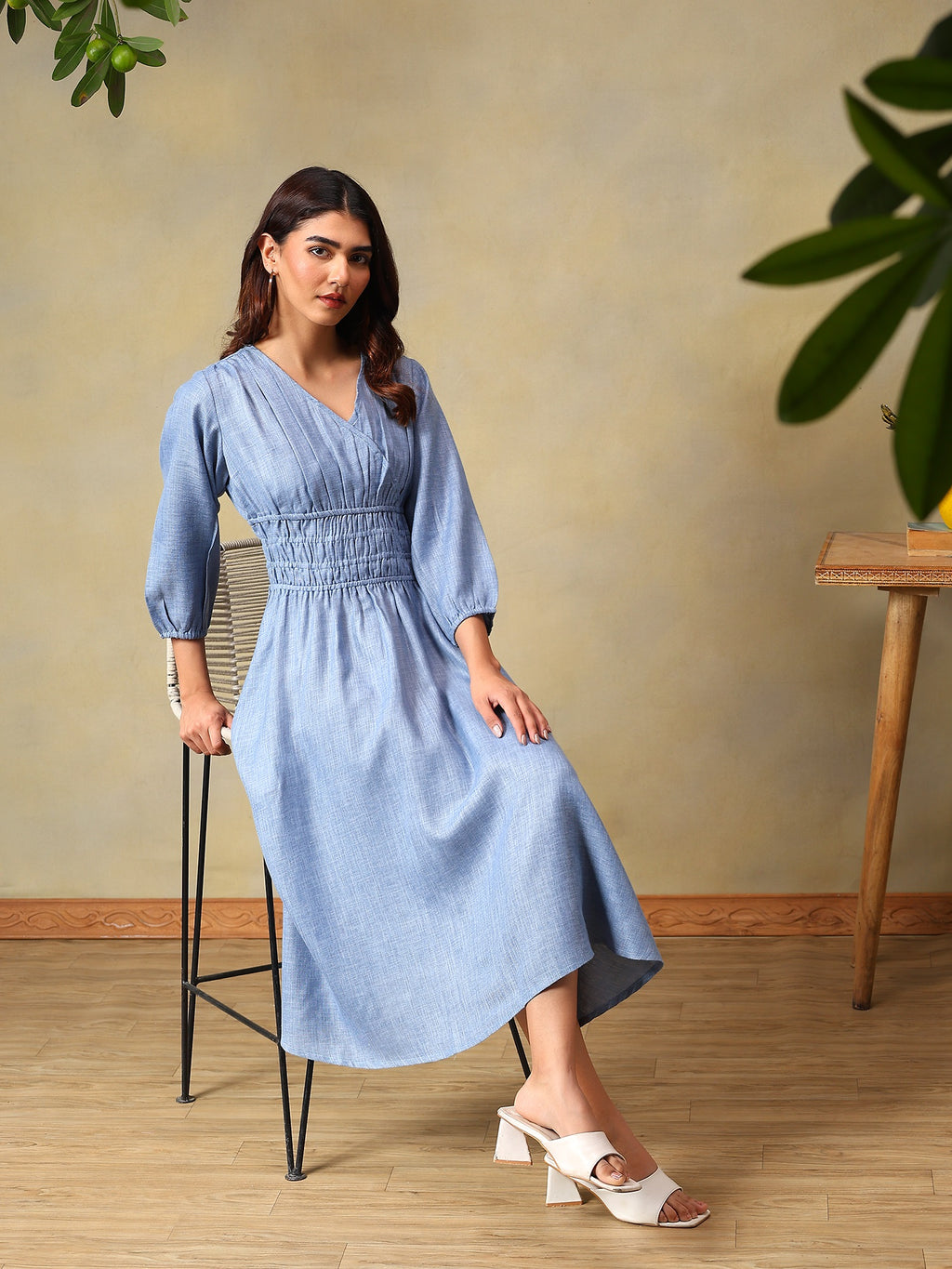 Women’s Puff Sleeve Midi Smocked Casual Summer Dress Blue