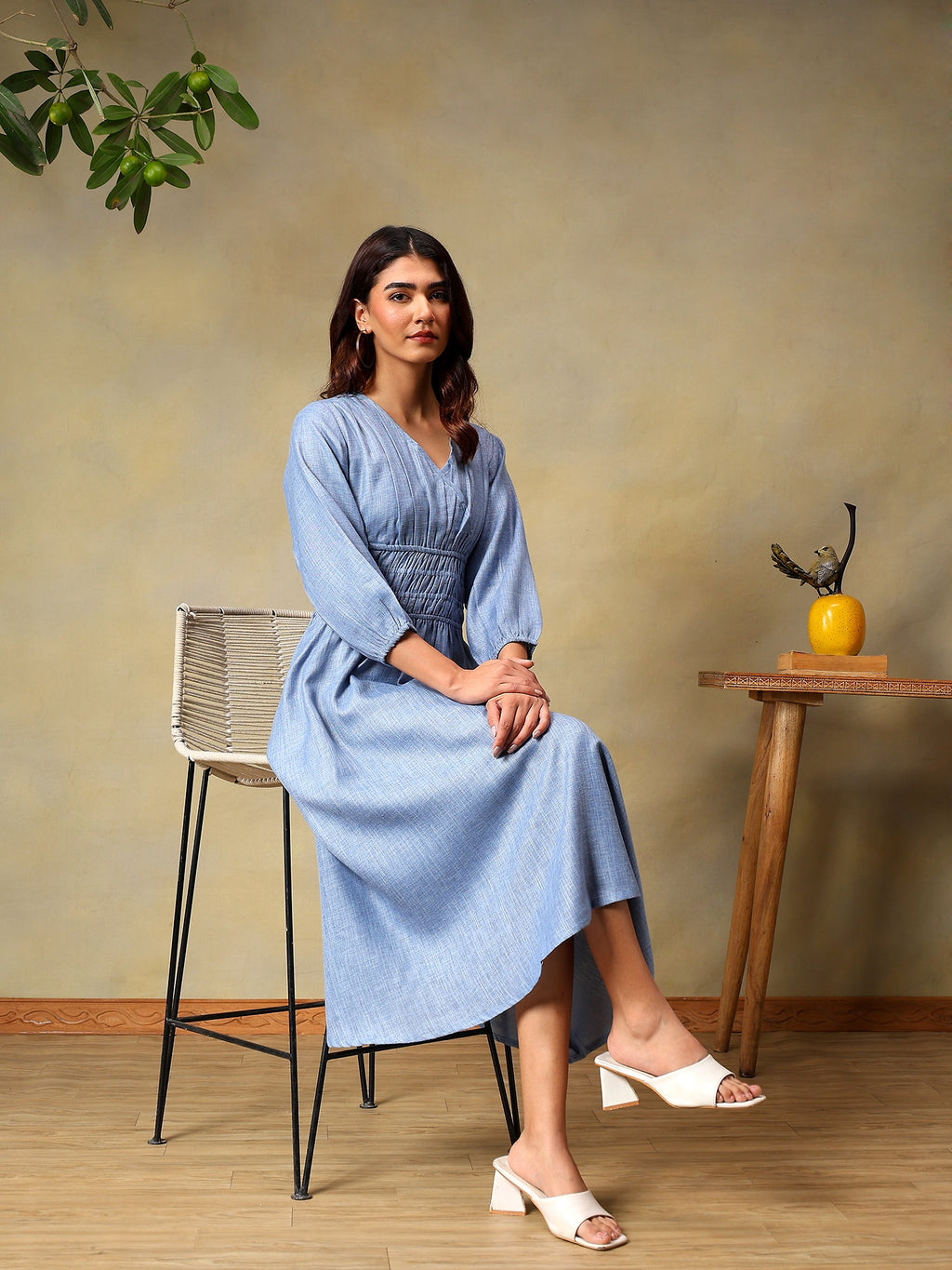 Women’s Puff Sleeve Midi Smocked Casual Summer Dress Blue