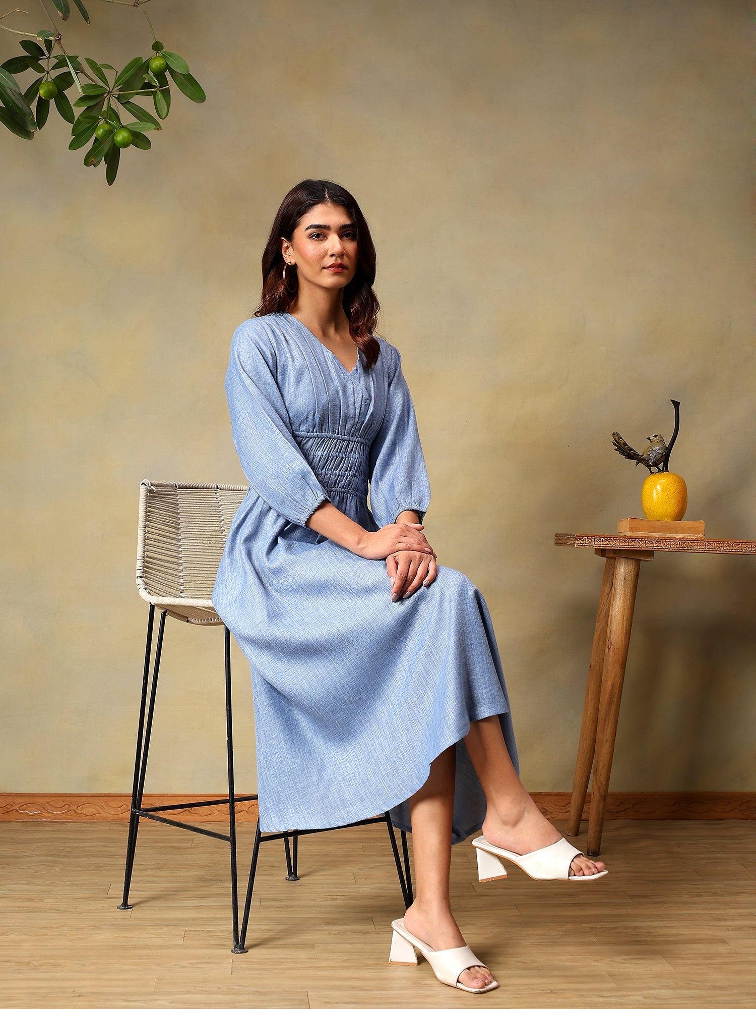 Women’s Puff Sleeve Midi Smocked Casual Summer Dress Blue