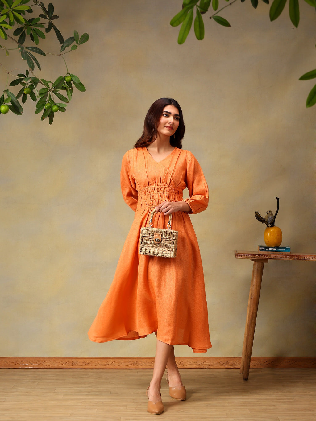 Women’s Puff Sleeve Midi Smocked Casual Summer Dress Coral