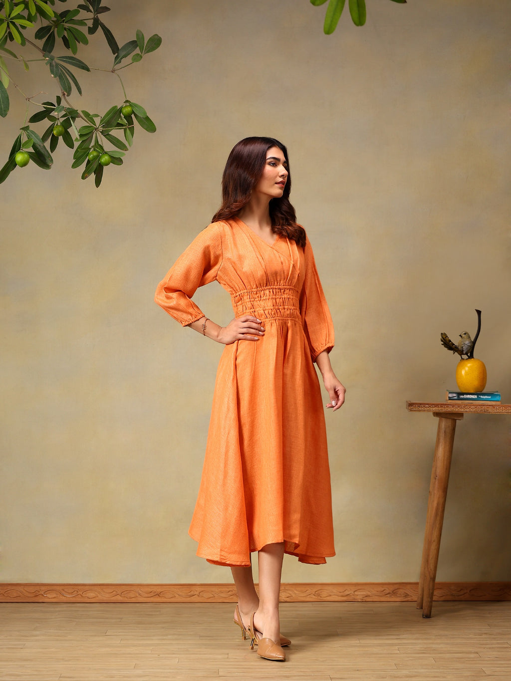 Women’s Puff Sleeve Midi Smocked Casual Summer Dress Coral