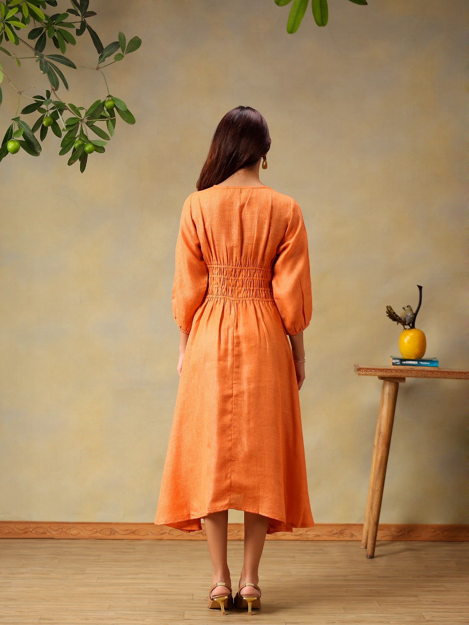 Women’s Puff Sleeve Midi Smocked Casual Summer Dress Coral