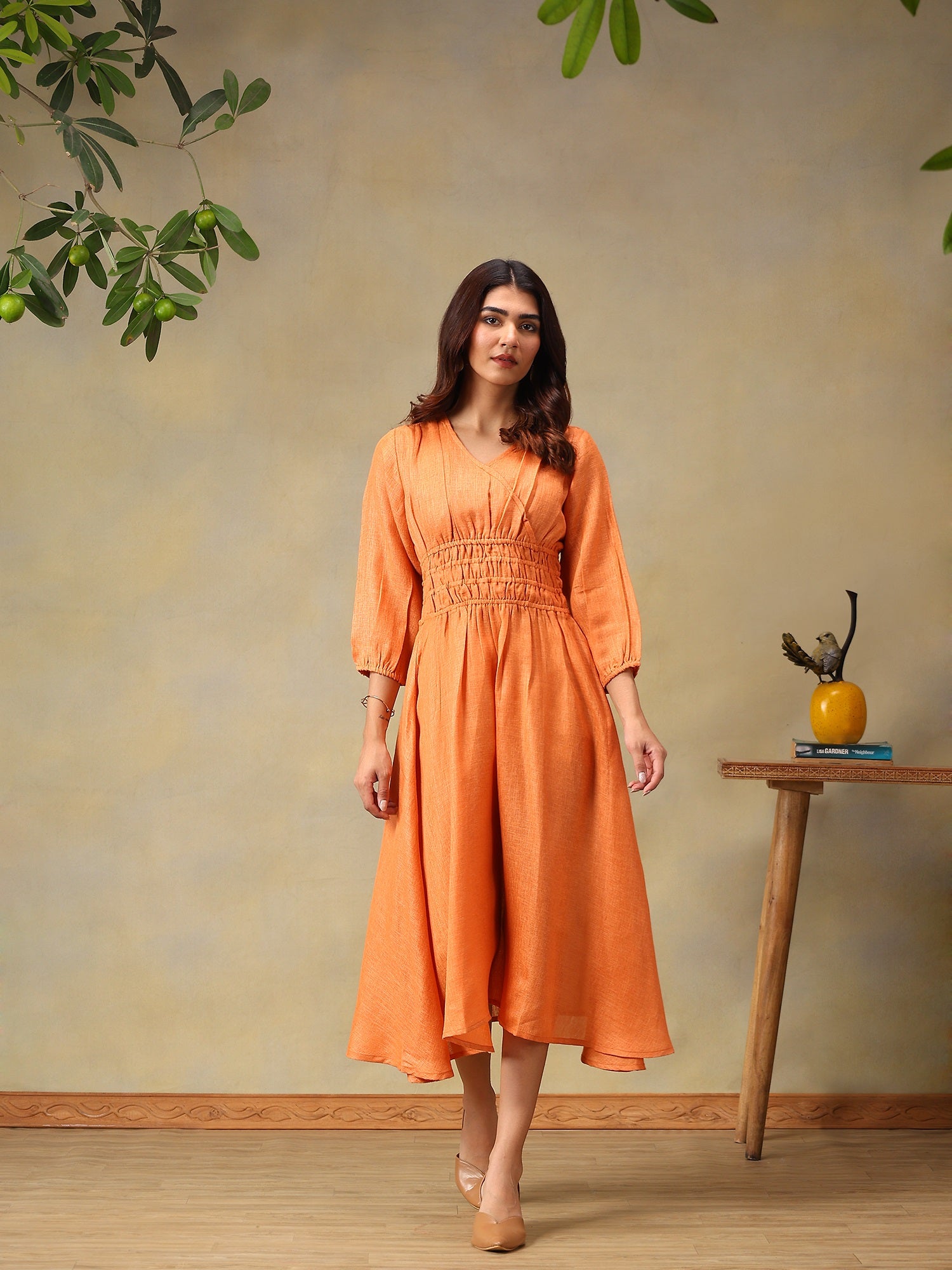 Women’s Puff Sleeve Midi Smocked Casual Summer Dress Coral