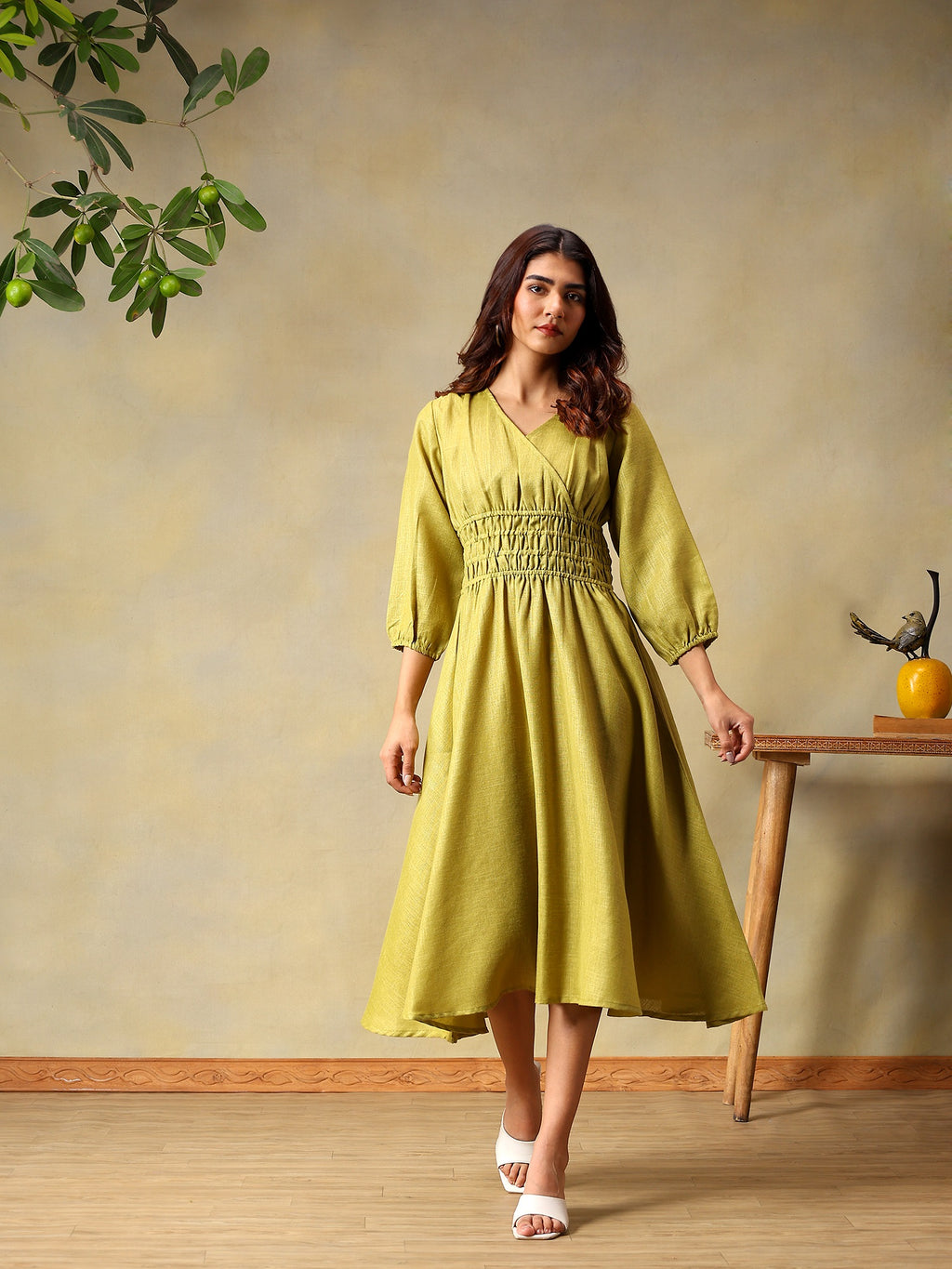 Women’s Puff Sleeve Midi Smocked Casual Summer Dress Green