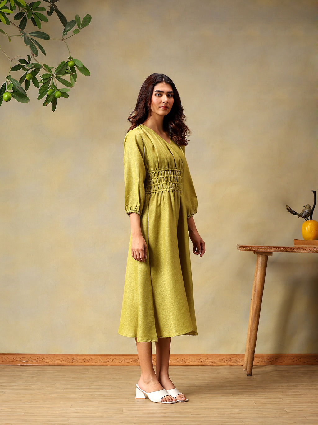 Women’s Puff Sleeve Midi Smocked Casual Summer Dress Green