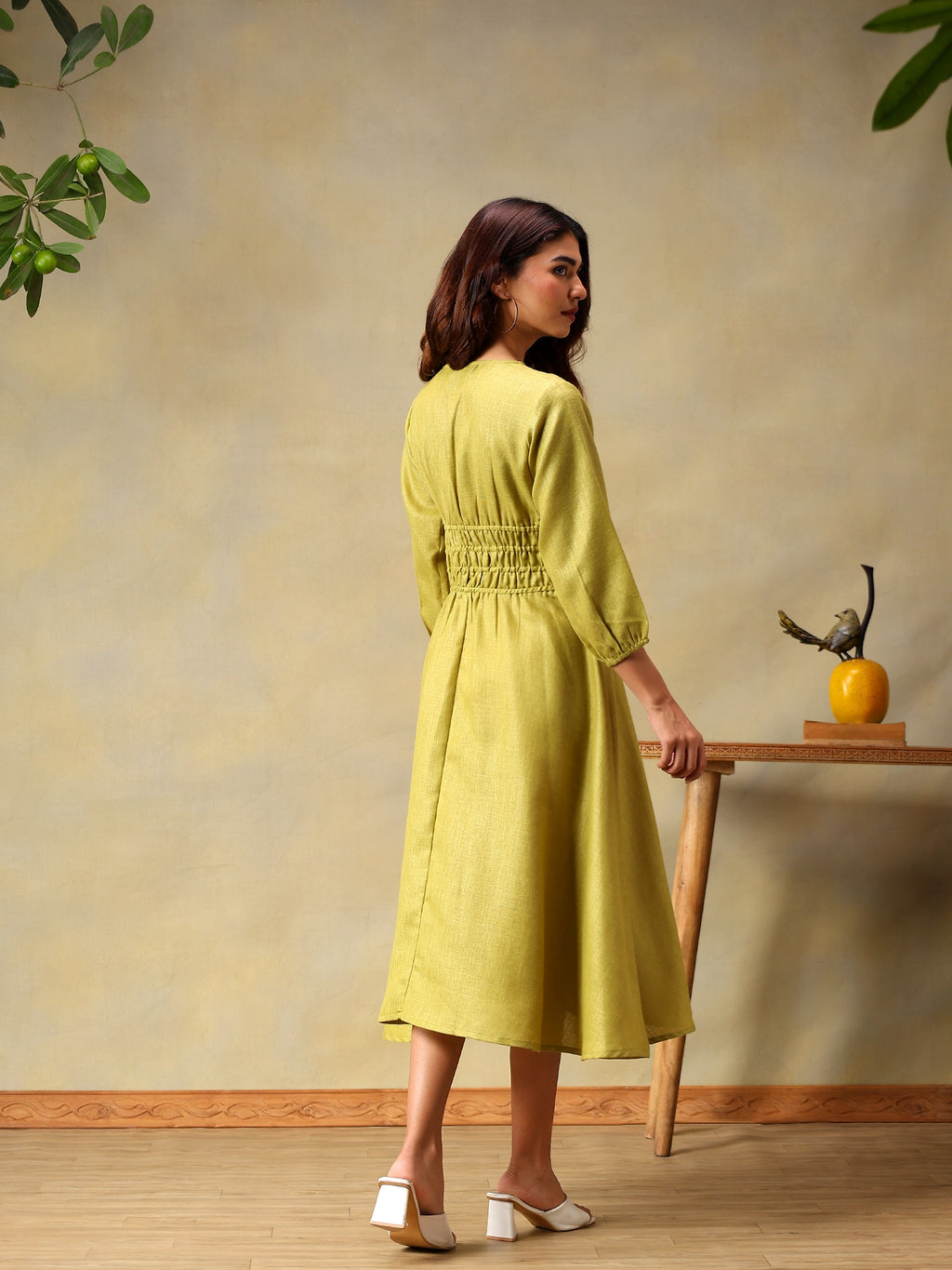 Women’s Puff Sleeve Midi Smocked Casual Summer Dress Green