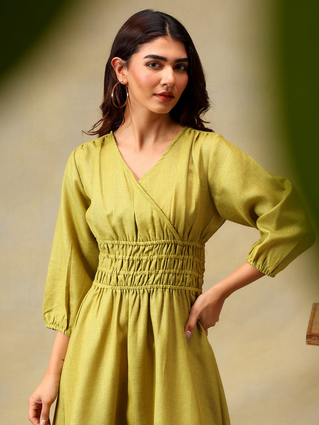 Women’s Puff Sleeve Midi Smocked Casual Summer Dress Green
