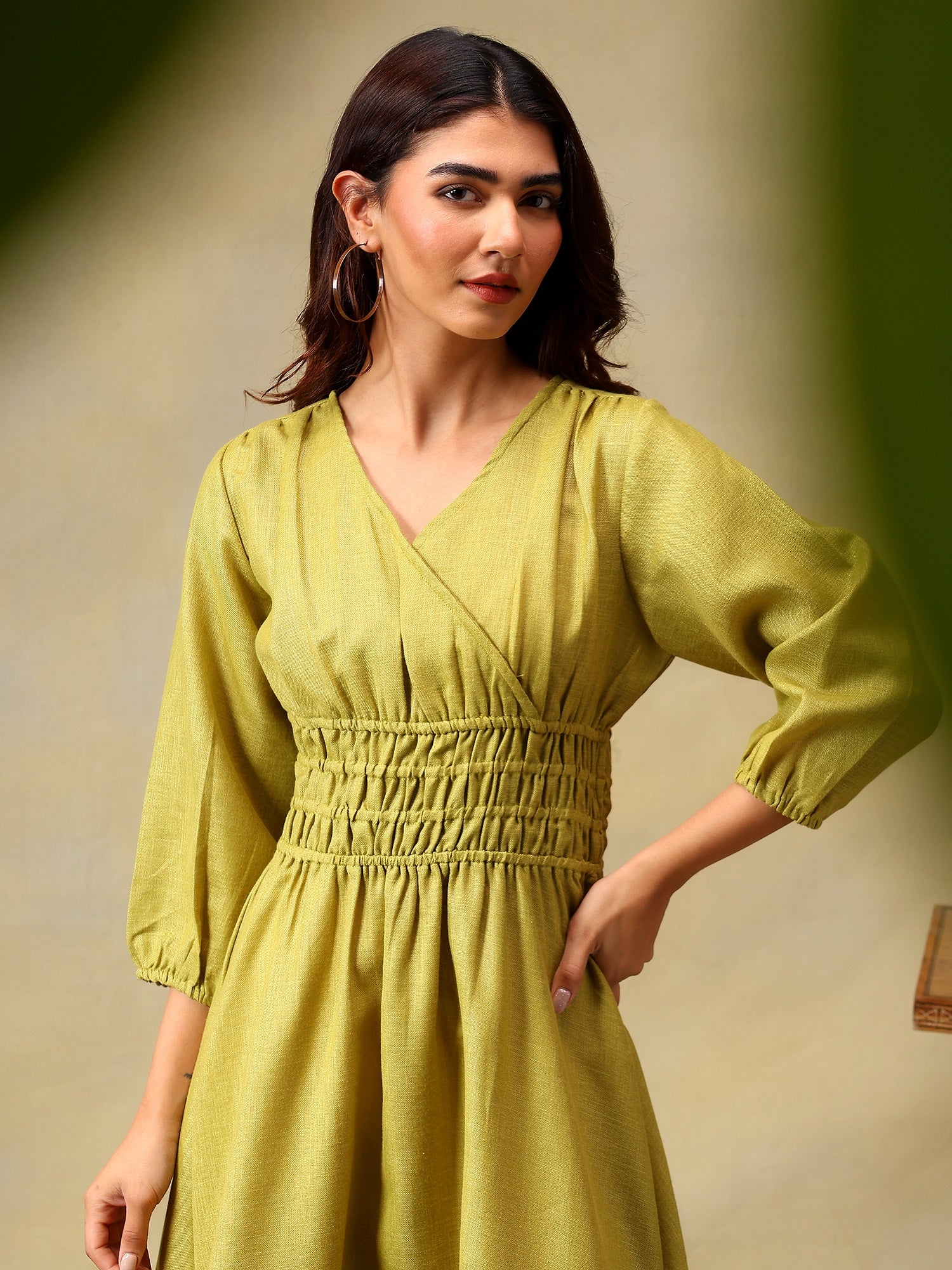 Women’s Puff Sleeve Midi Smocked Casual Summer Dress Green