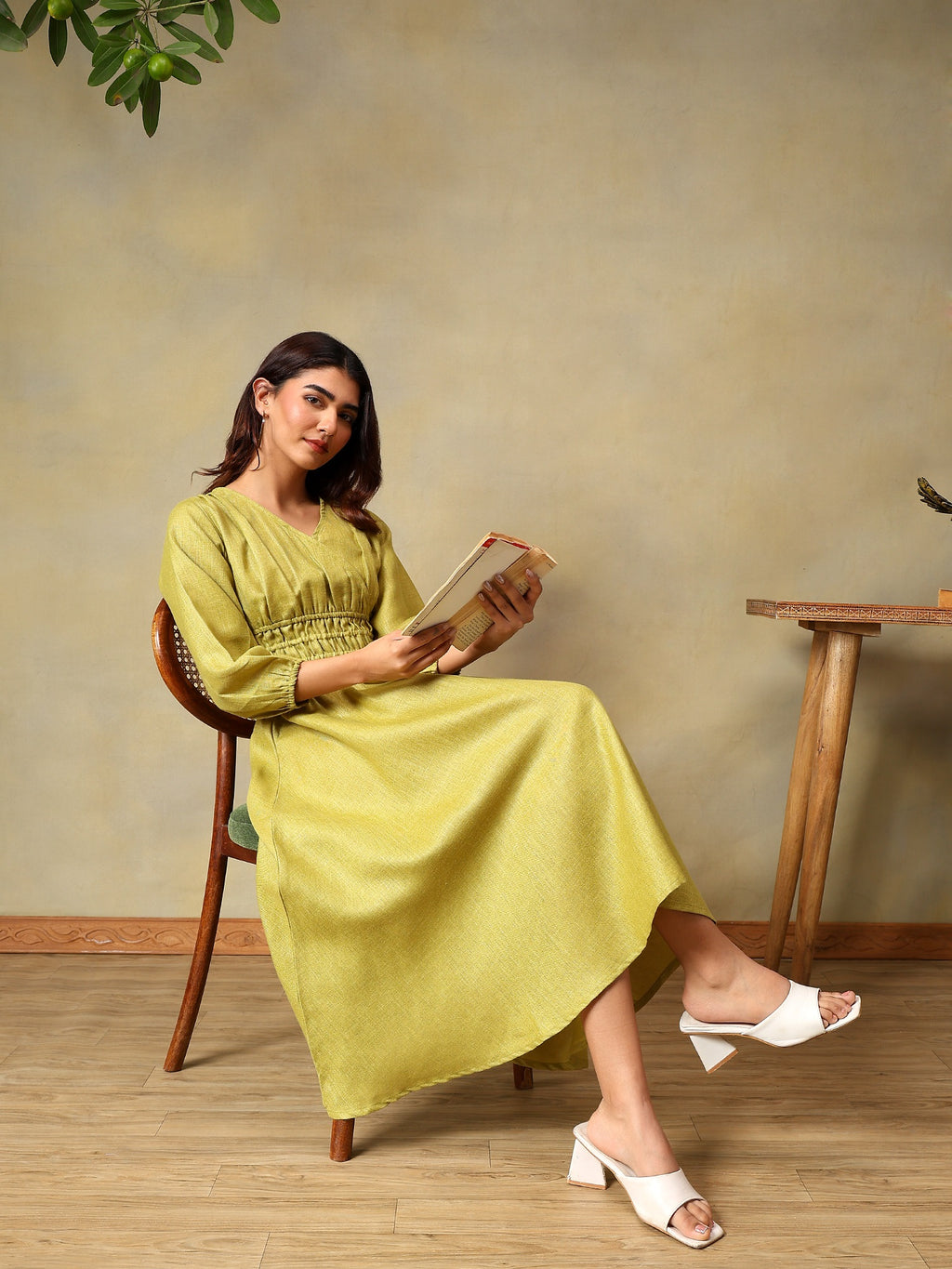 Women’s Puff Sleeve Midi Smocked Casual Summer Dress Green