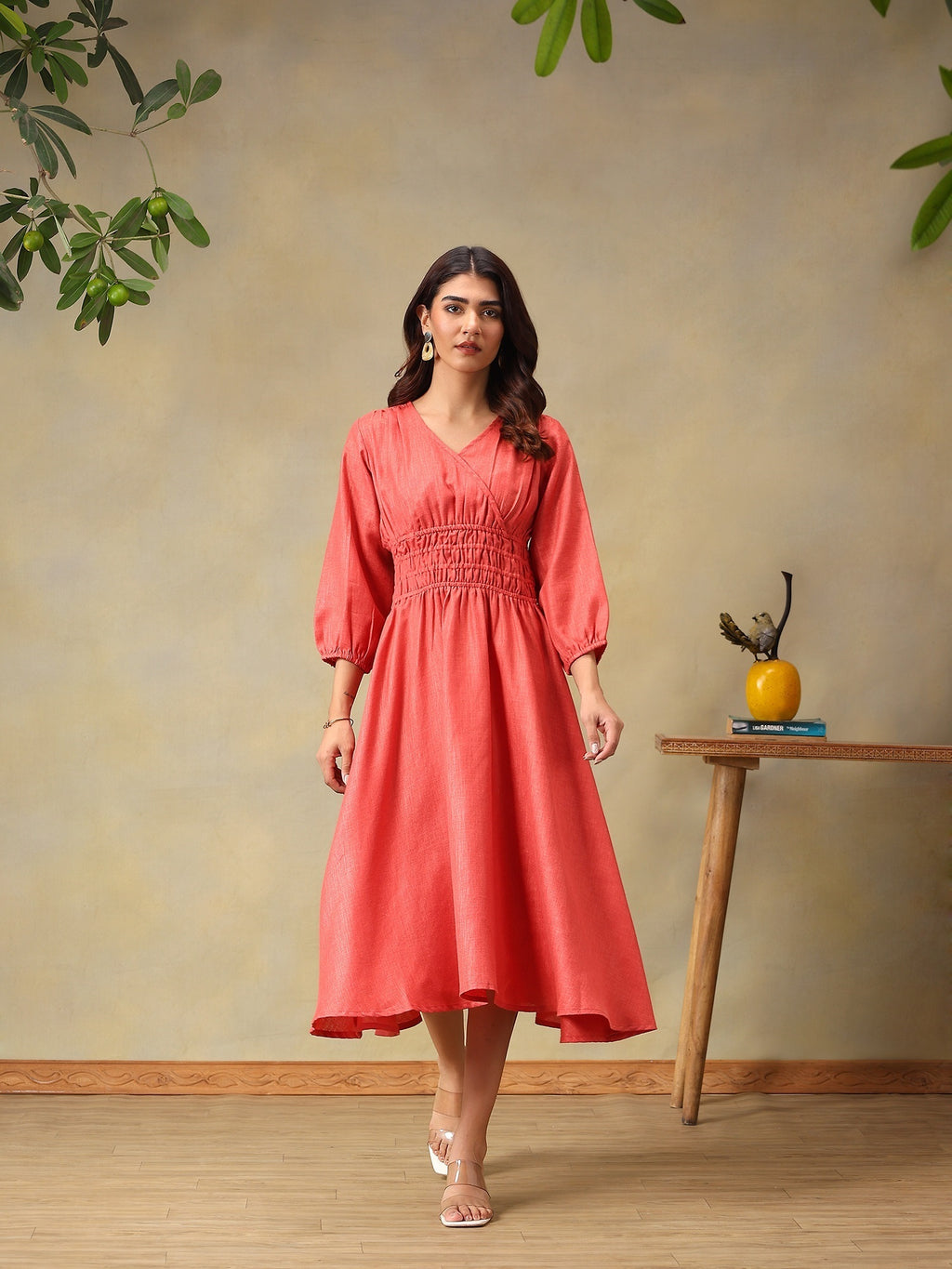 Women’s Puff Sleeve Midi Smocked Casual Summer Dress Rose