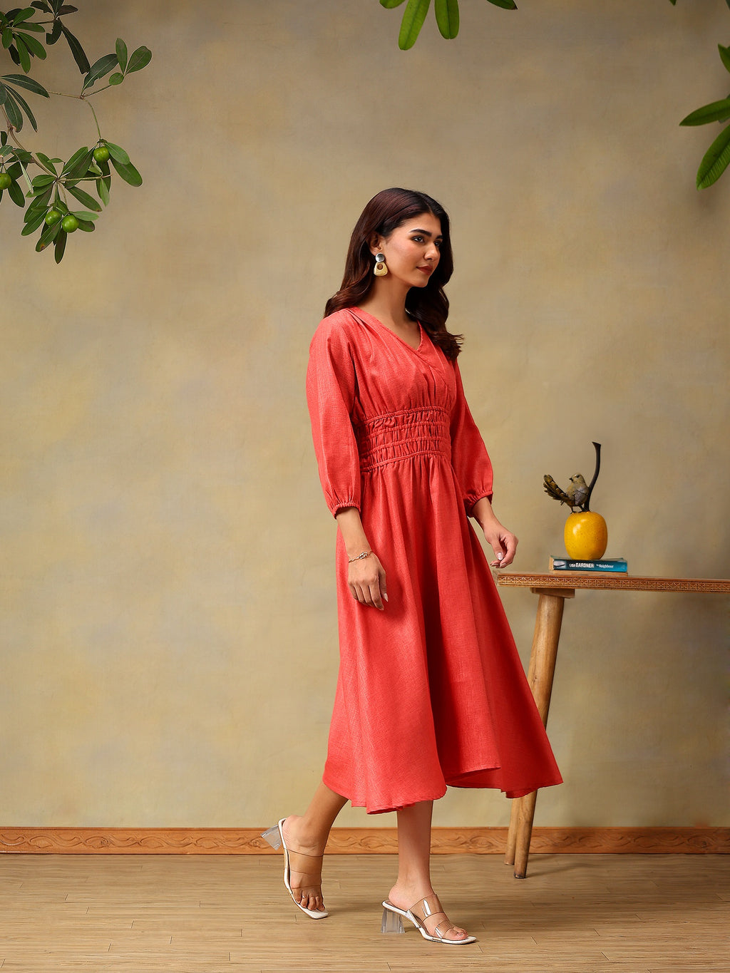 Women’s Puff Sleeve Midi Smocked Casual Summer Dress Rose
