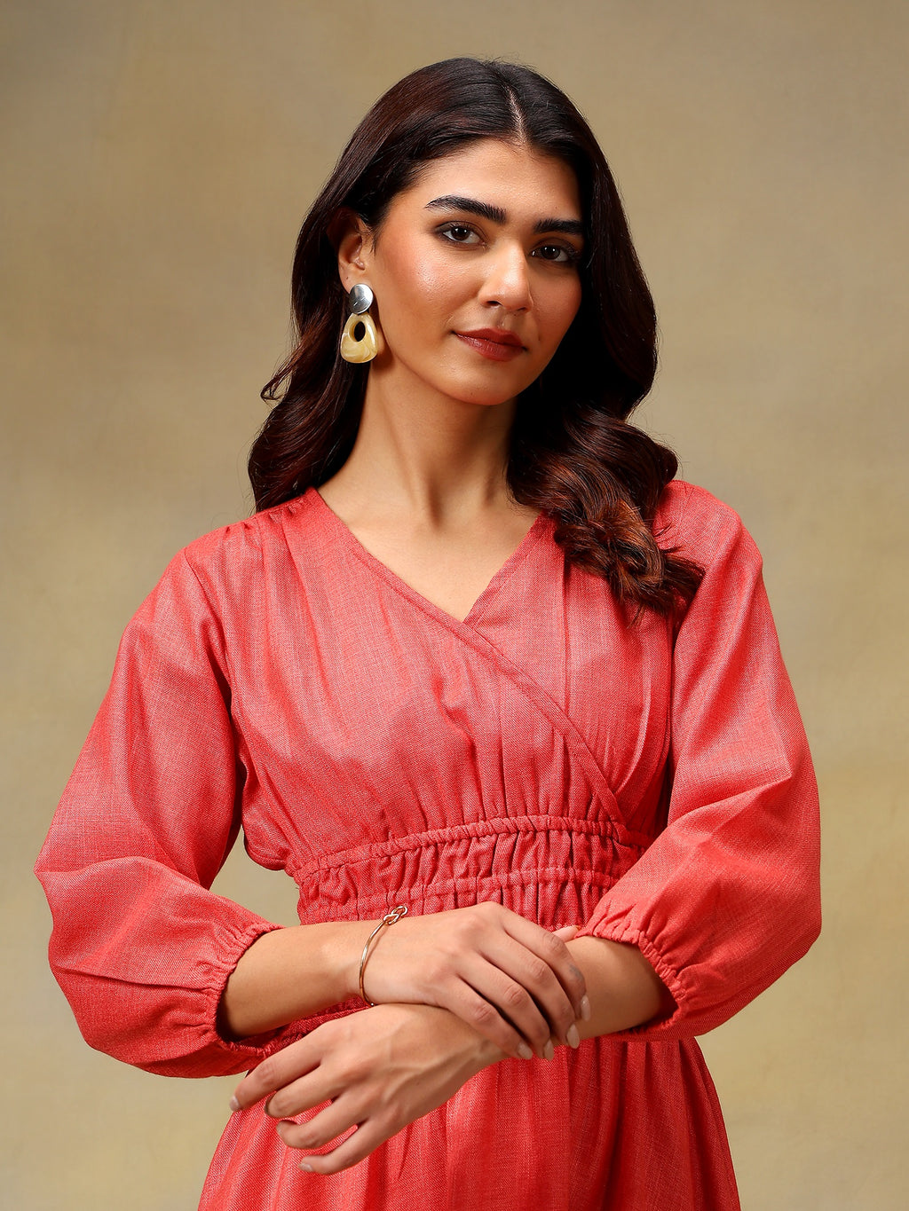 Women’s Puff Sleeve Midi Smocked Casual Summer Dress Rose