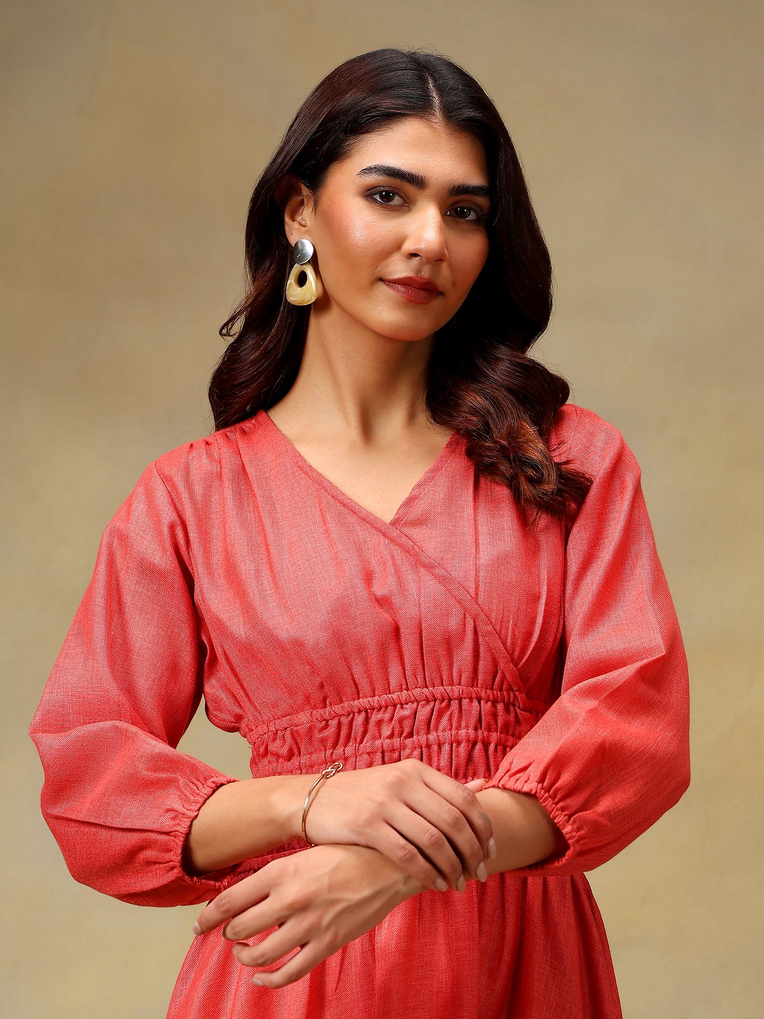 Women’s Puff Sleeve Midi Smocked Casual Summer Dress Rose