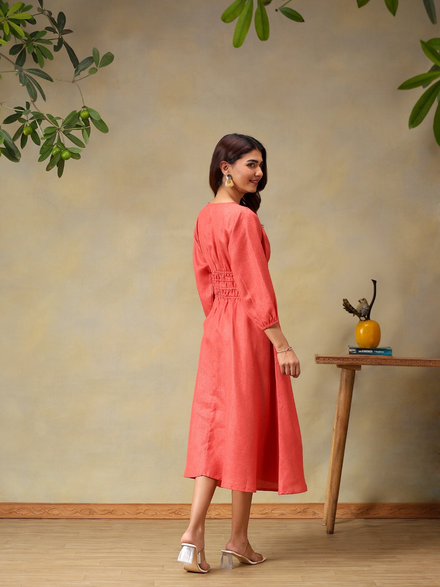 Women’s Puff Sleeve Midi Smocked Casual Summer Dress Rose