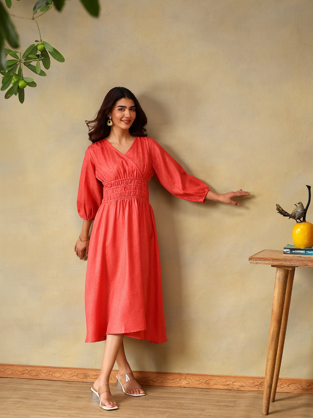 Women’s Puff Sleeve Midi Smocked Casual Summer Dress Rose