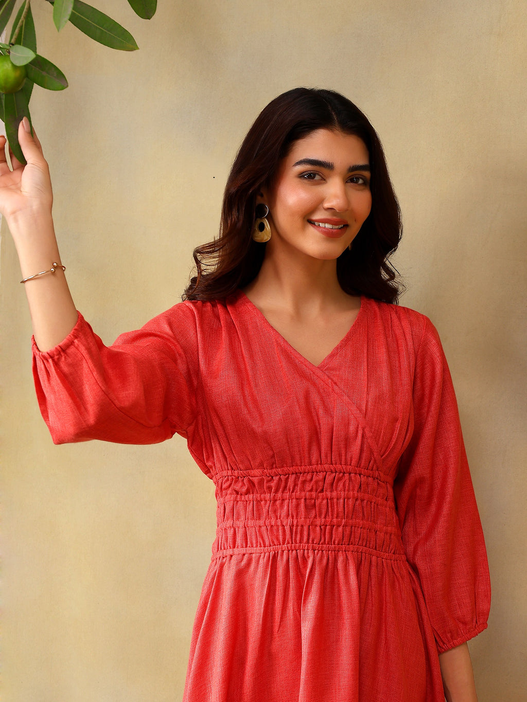 Women’s Puff Sleeve Midi Smocked Casual Summer Dress Rose