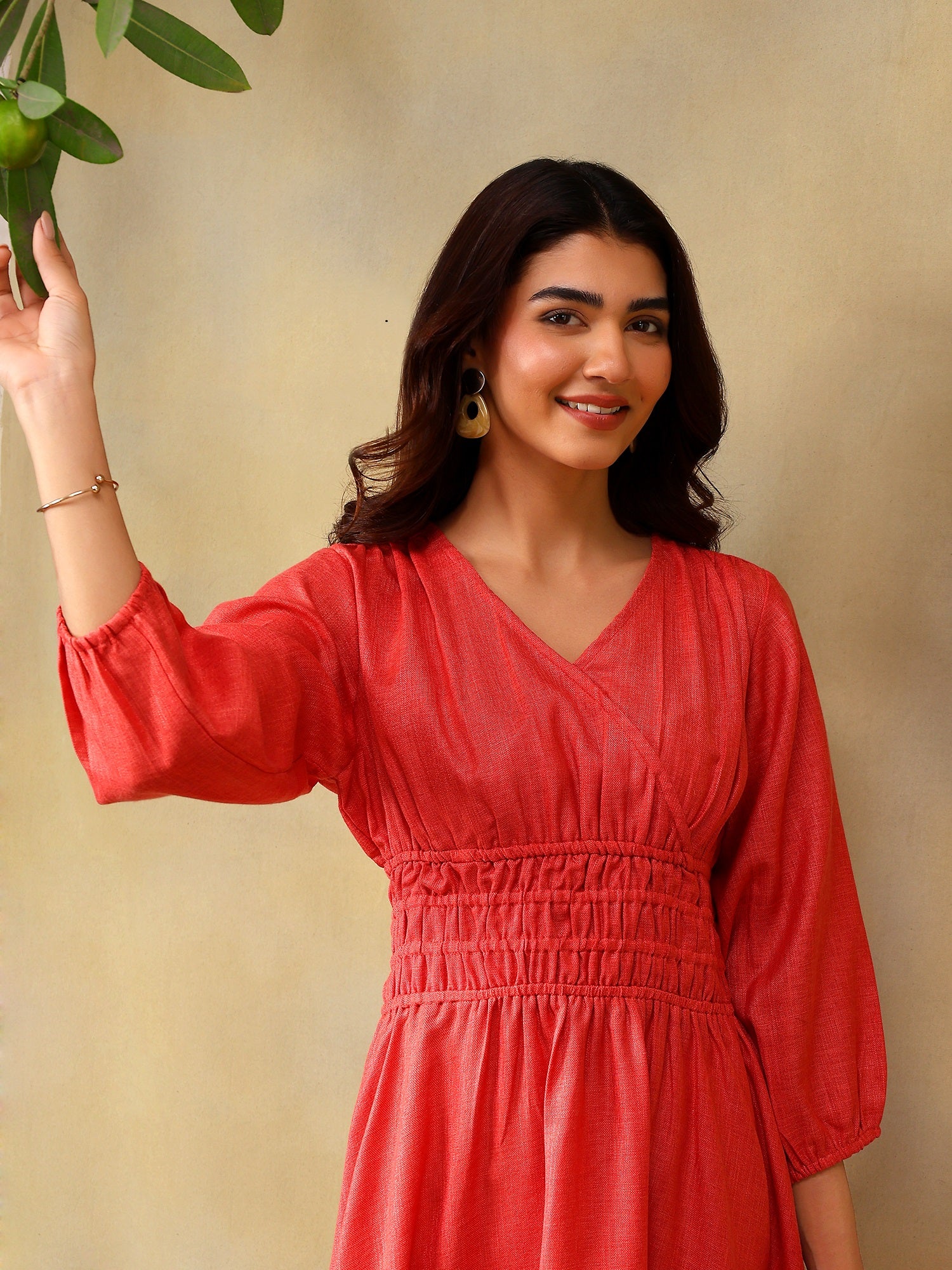 Women’s Puff Sleeve Midi Smocked Casual Summer Dress Rose