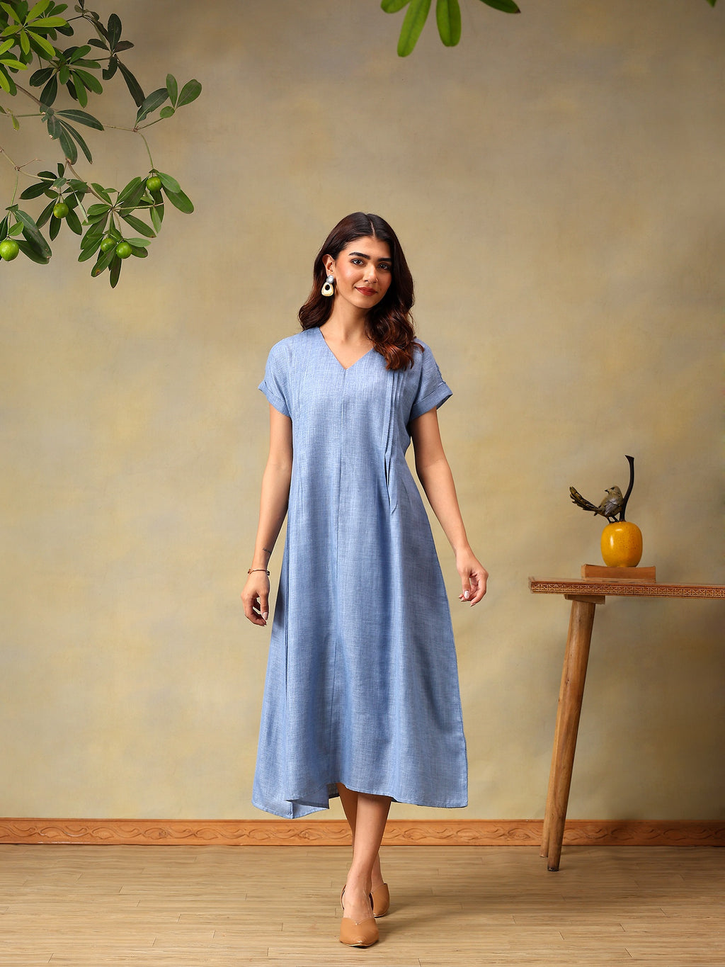 Women Light Blue Short Sleeve Midi Dress