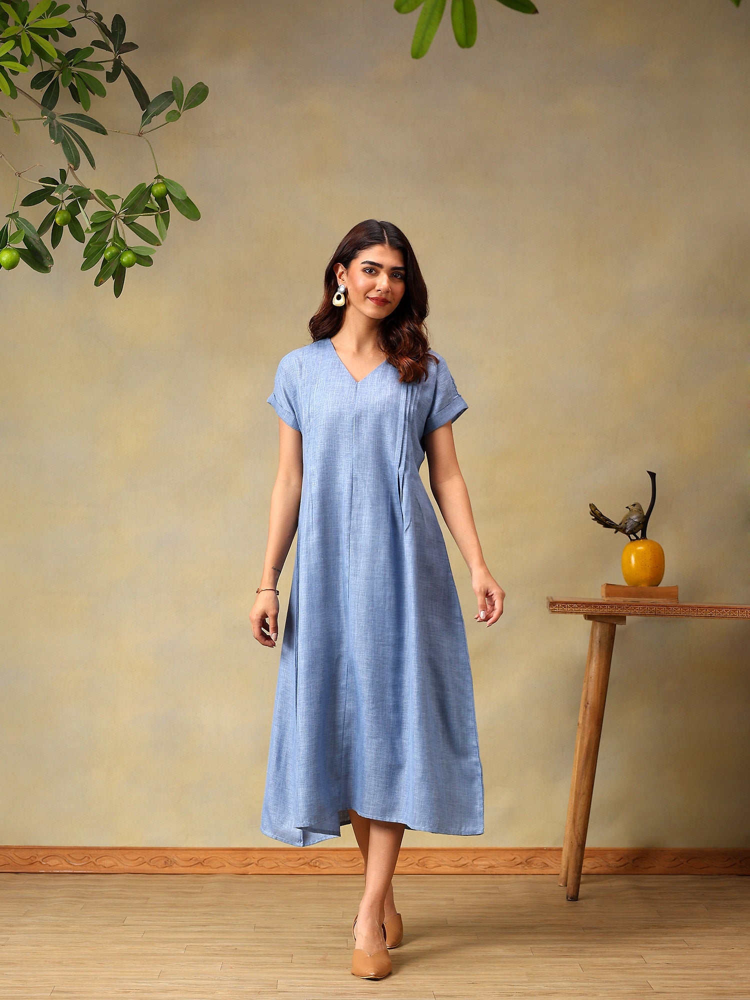Women Light Blue Short Sleeve Midi Dress