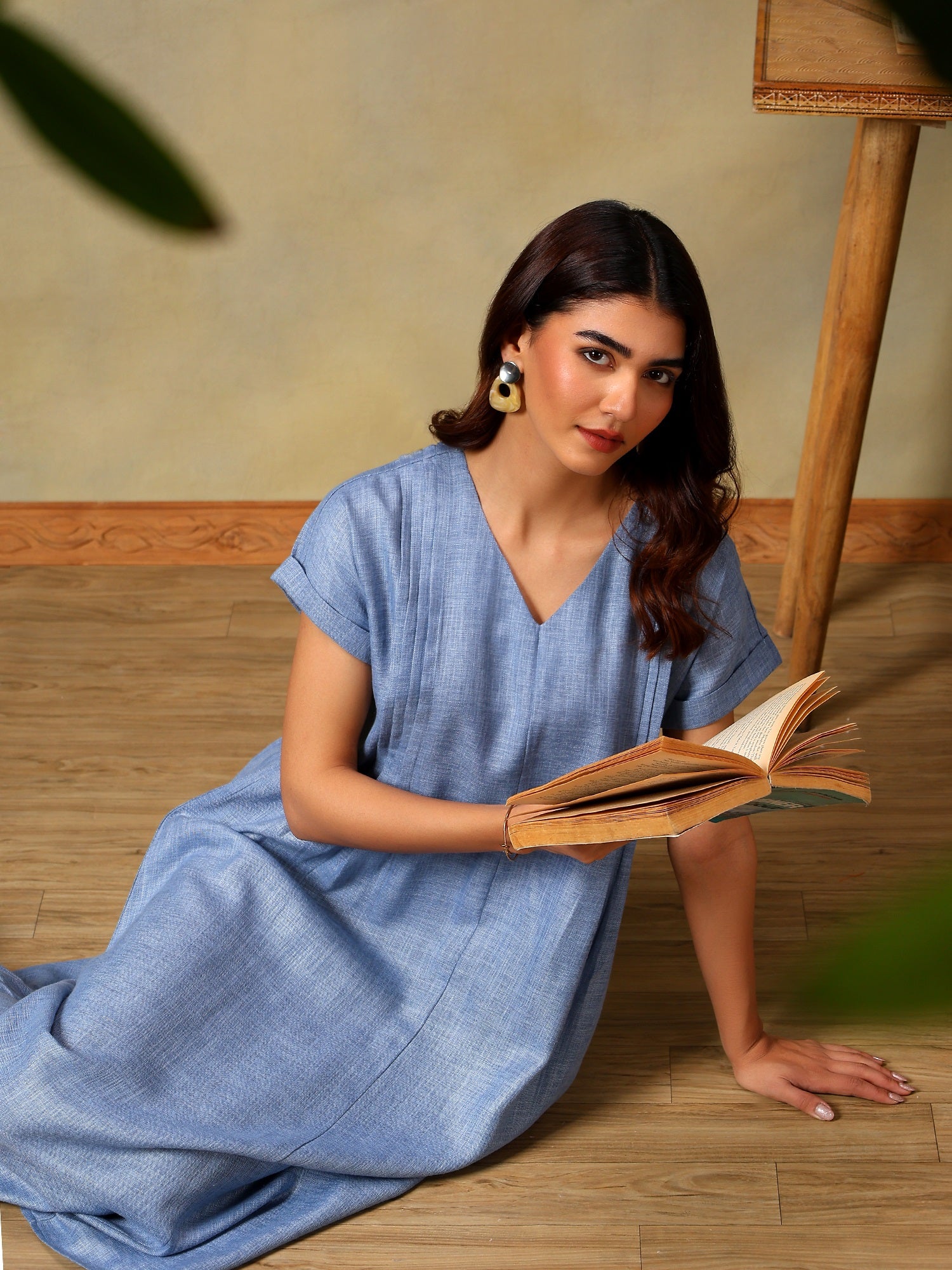 Women Light Blue Short Sleeve Midi Dress
