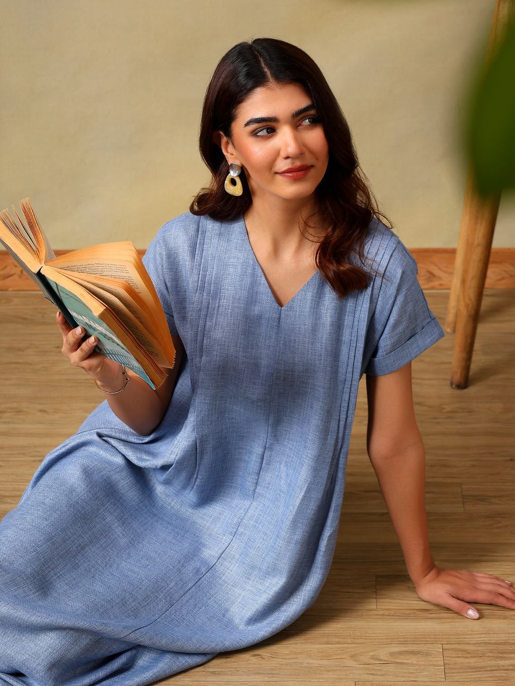 Women Light Blue Short Sleeve Midi Dress