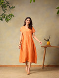 Women Coral Short Sleeve Midi Dress