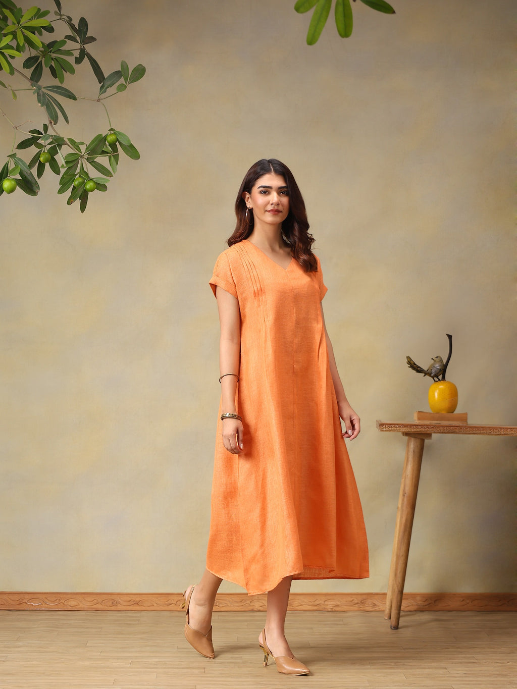 Women Coral Short Sleeve Midi Dress