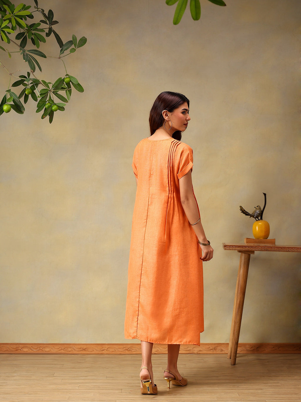 Women Coral Short Sleeve Midi Dress