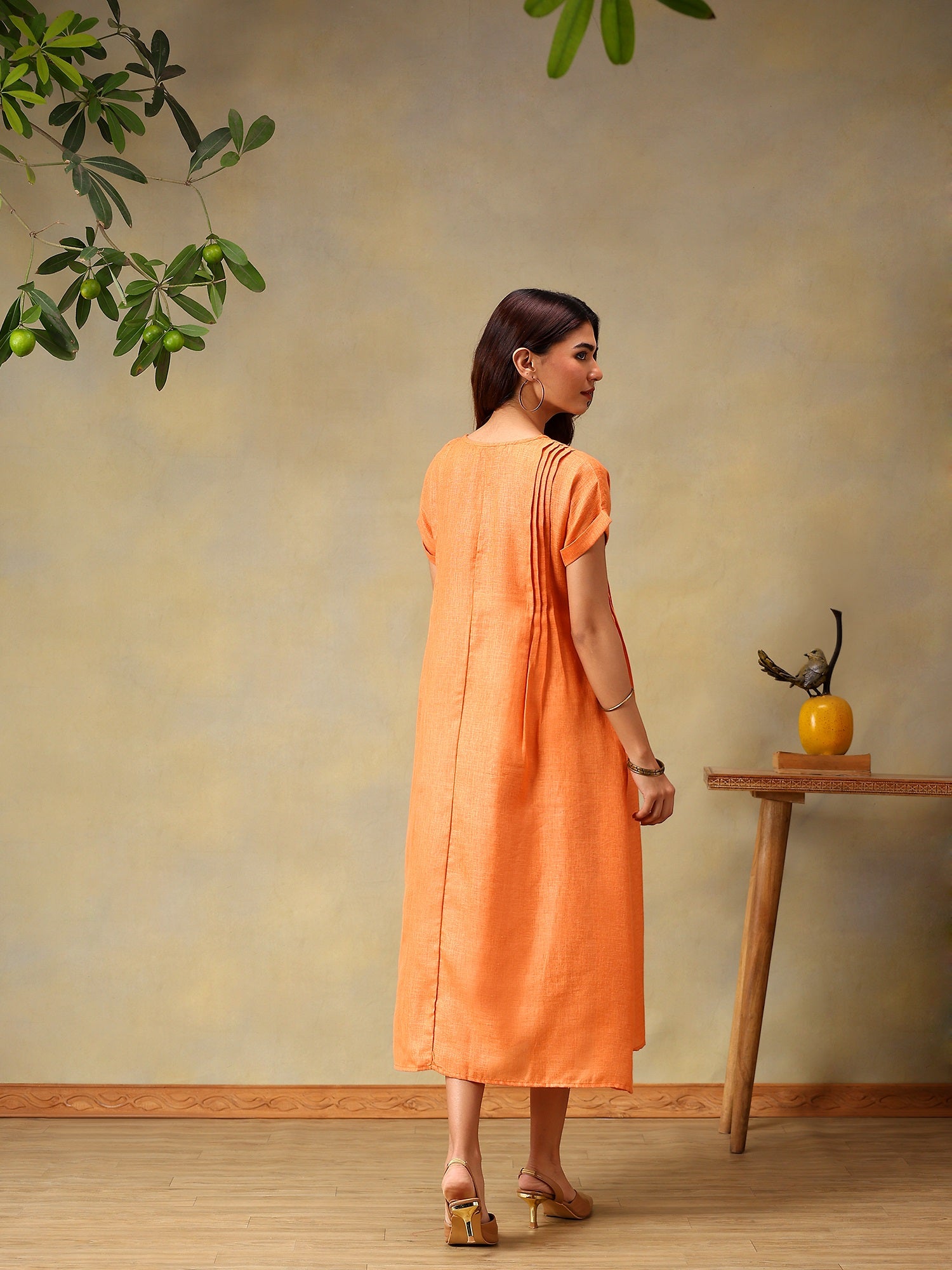 Women Coral Short Sleeve Midi Dress