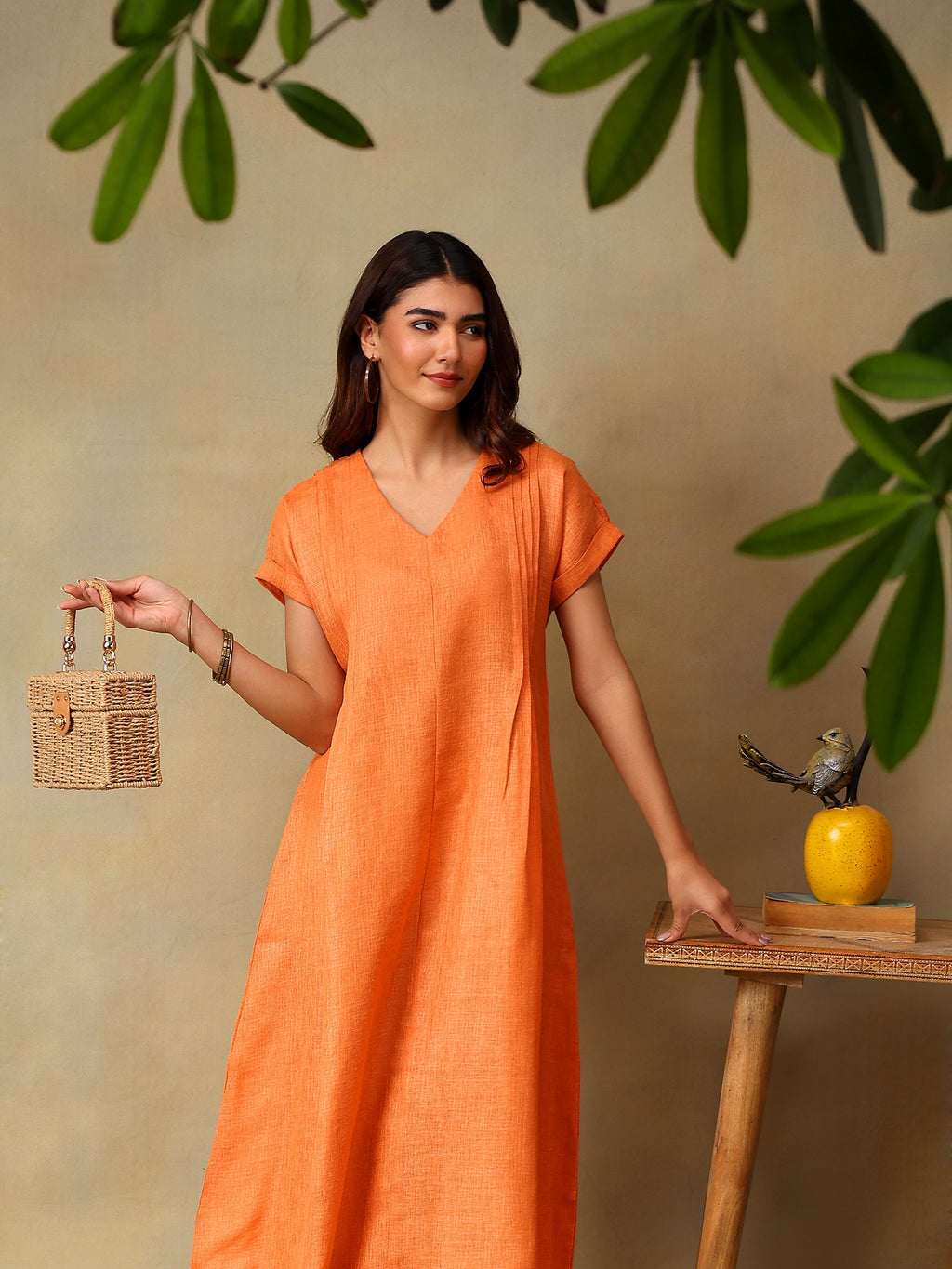 Women Coral Short Sleeve Midi Dress