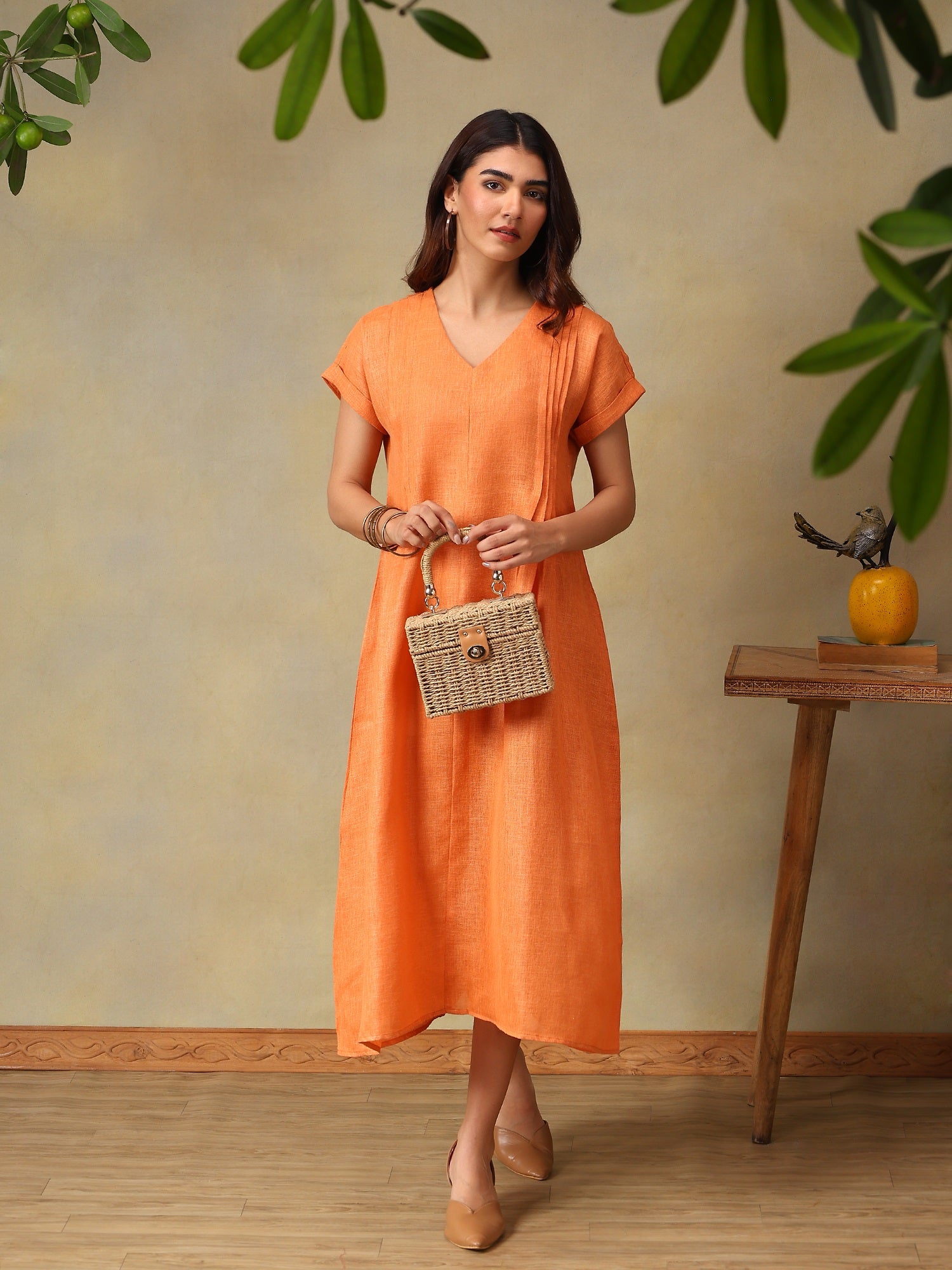 Women Coral Short Sleeve Midi Dress