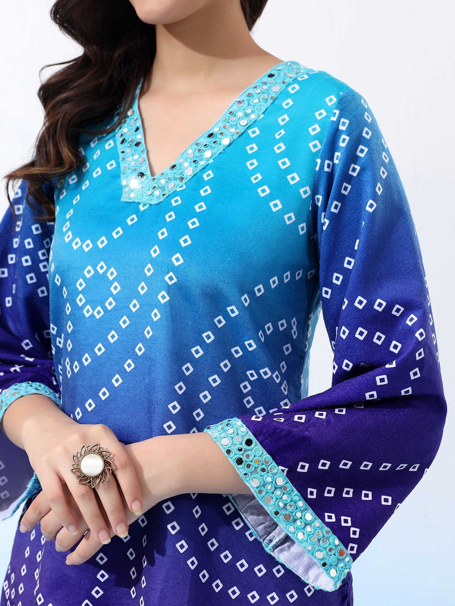 Velvet Turquois Batik-Patterned Two-Piece Outfit Co-Ord Set