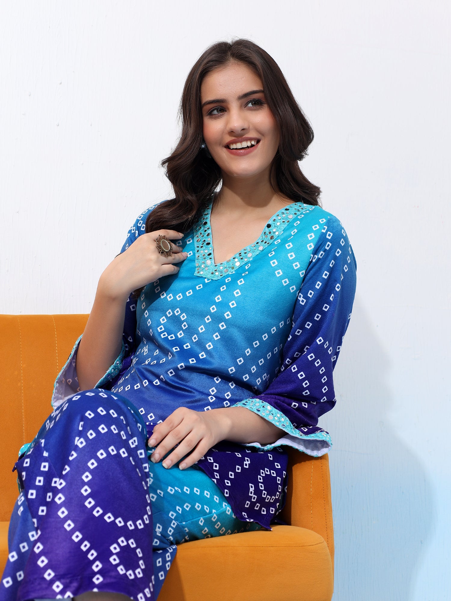 Velvet Turquois Batik-Patterned Two-Piece Outfit Co-Ord Set