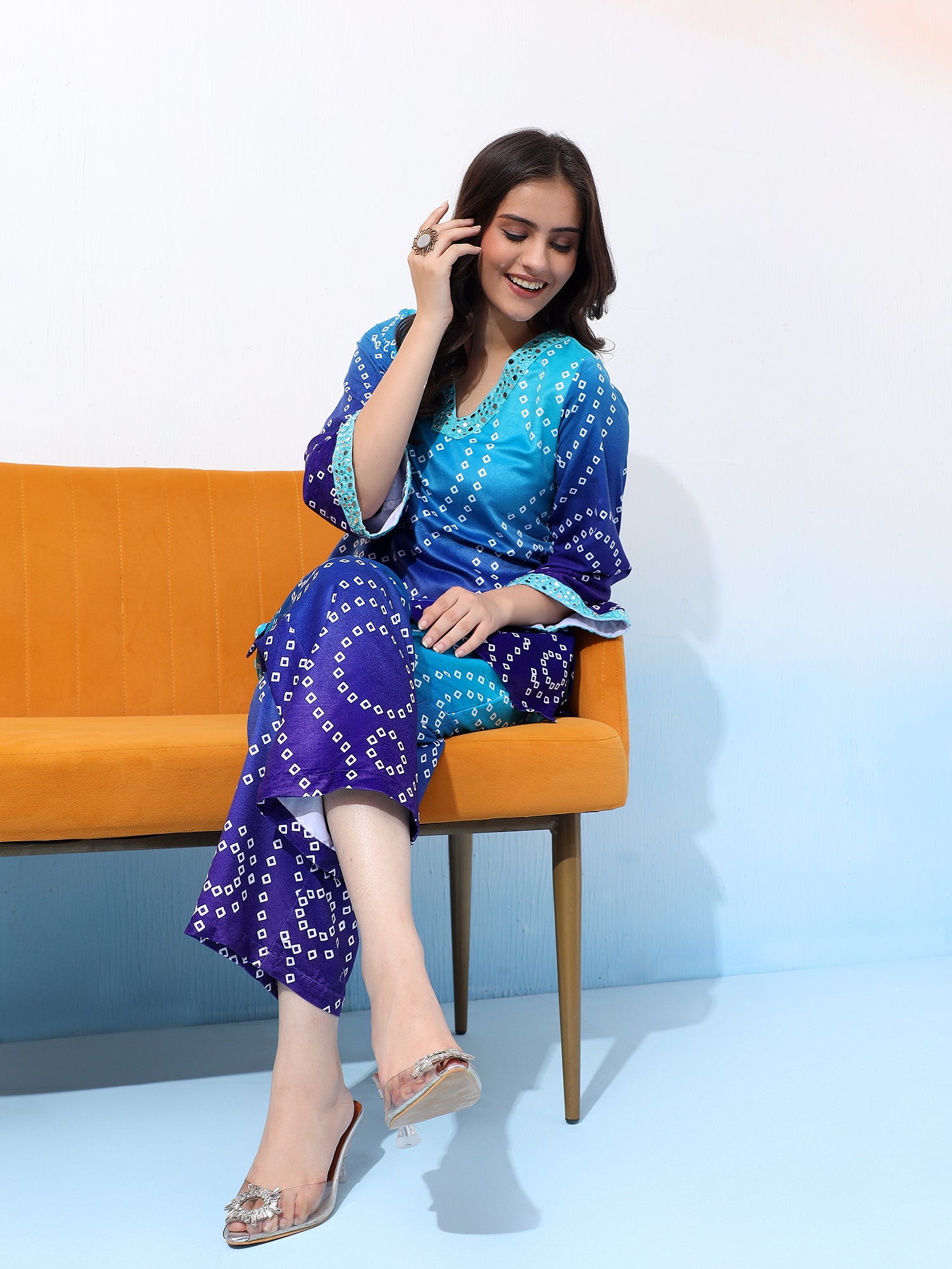 Velvet Turquois Batik-Patterned Two-Piece Outfit Co-Ord Set